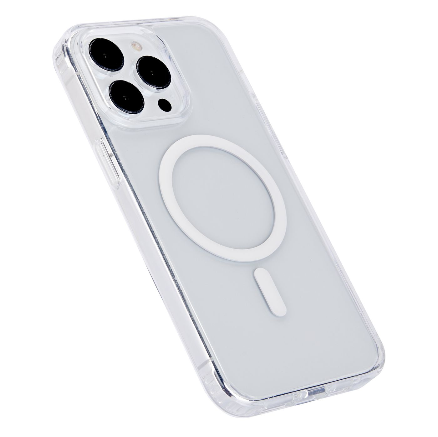Custodia per telefono. Custodia trasparente con un cerchio bianco e un modulo fotocamera, vista angolata.