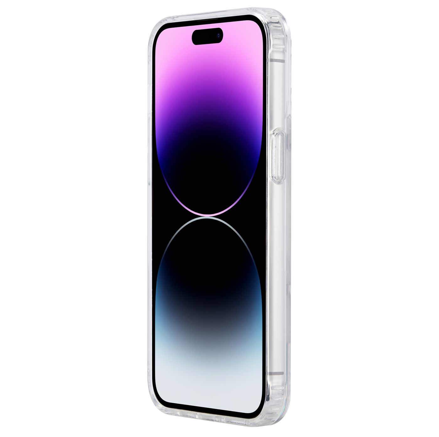 Custodia trasparente per iPhone con schermo sfumato viola-bianco, su sfondo bianco.