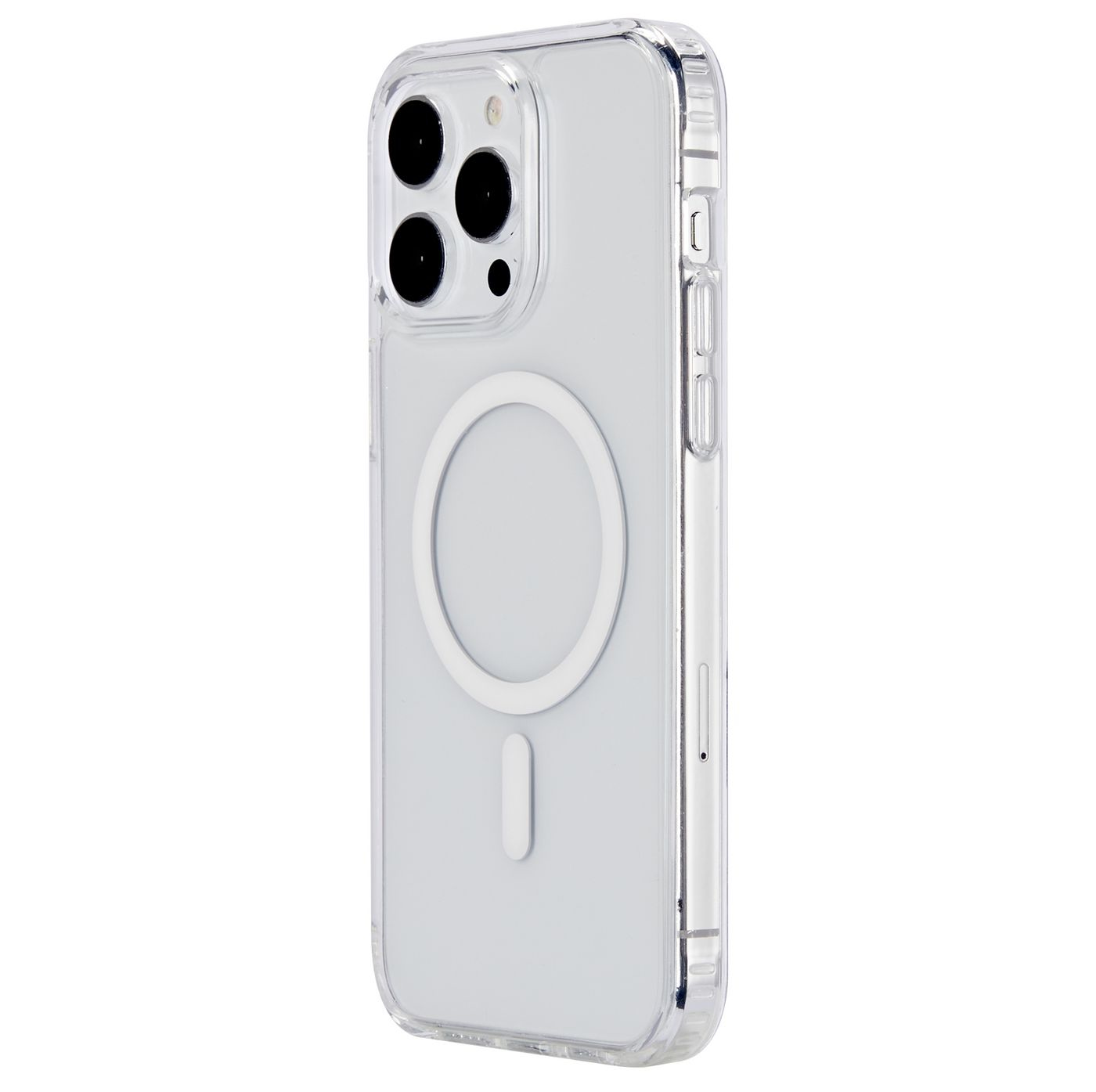 Custodia trasparente con anello magnetico bianco, e vista laterale su sfondo bianco.