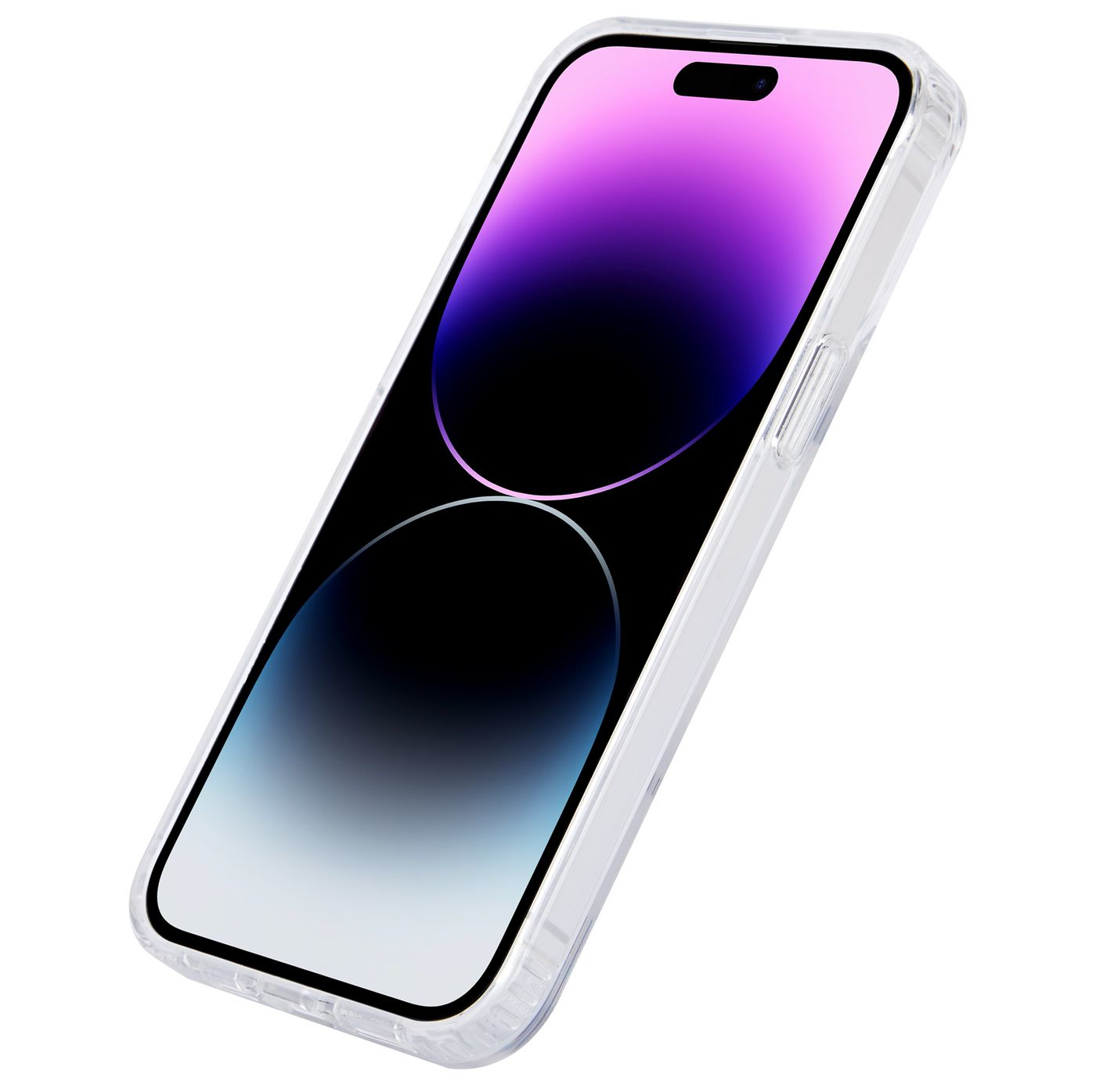 Telefono trasparente con schermo sfumato viola-bianco, su sfondo bianco, inclinato.