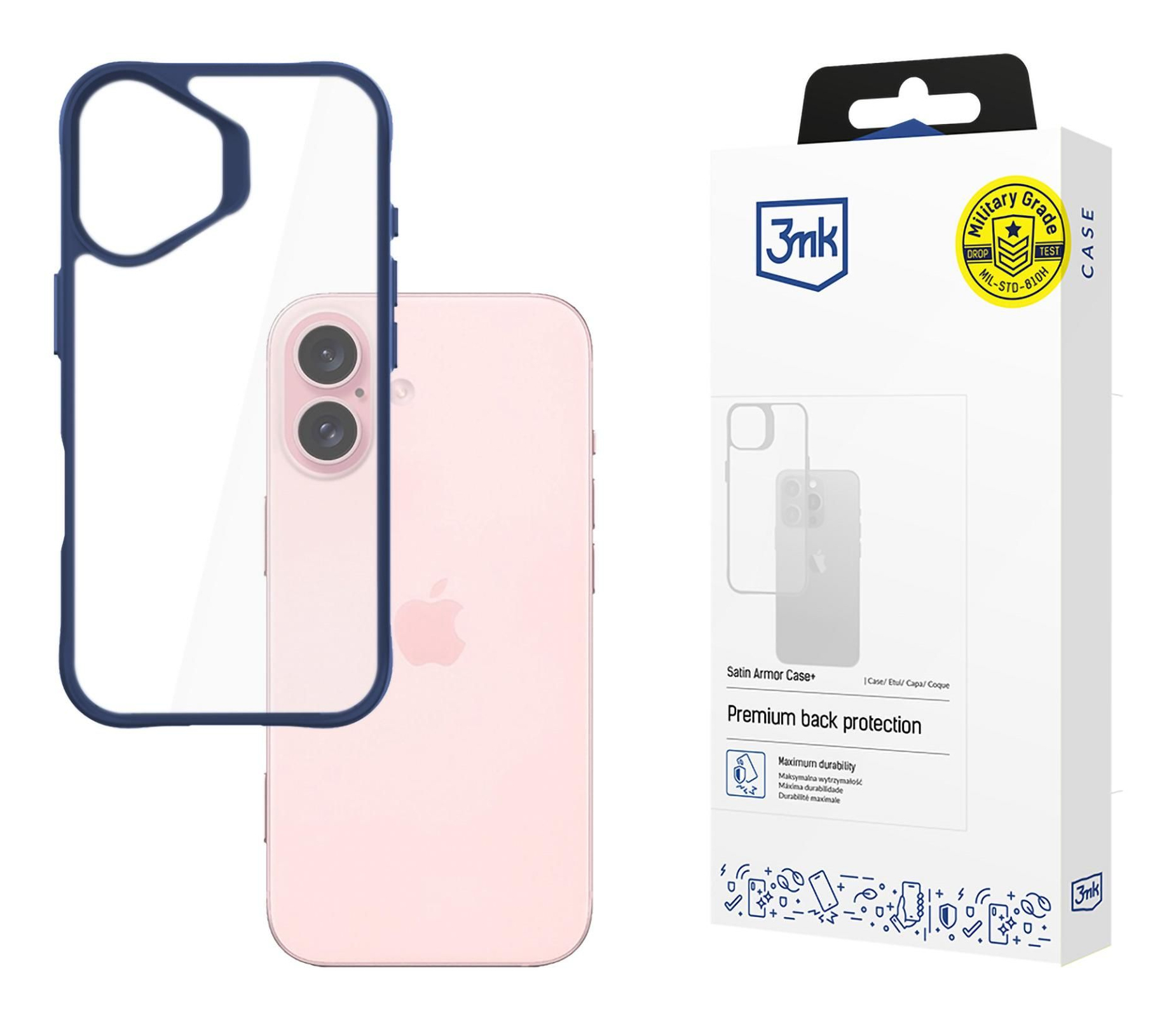 Telefono rosa all'interno di una custodia trasparente con bordi blu. Una scatola è visibile con l'illustrazione del telefono.