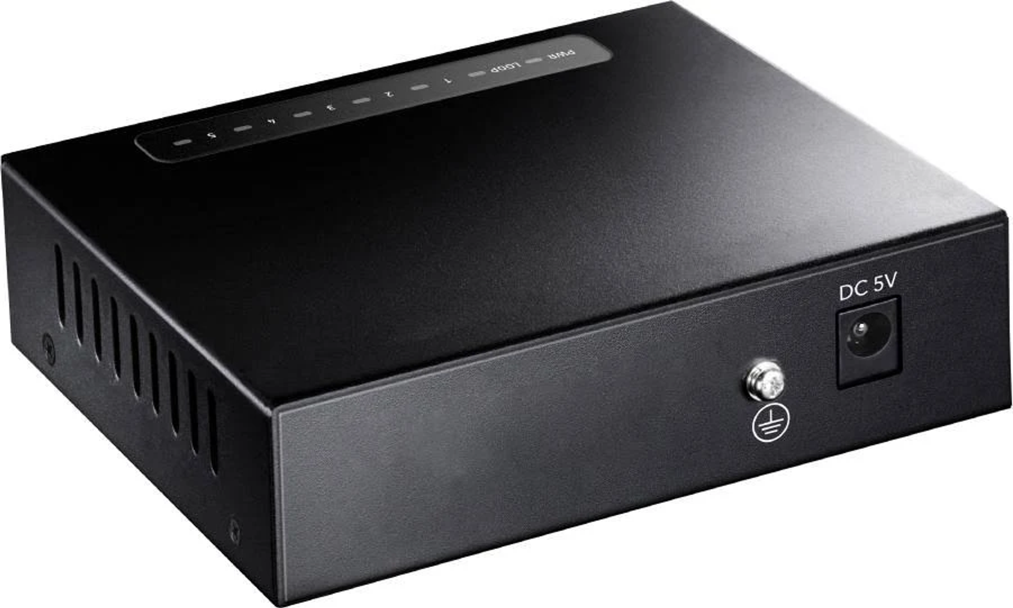 Czarny przełącznik sieciowy z sześcioma portami, wejściem zasilania DC 5V i wskaźnikiem pętli.