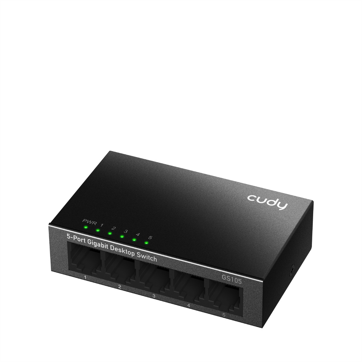 Czarny 5-portowy przełącznik biurkowy z napisem 5-Port Gigabit Desktop Switch, z diodami LED zasilania.