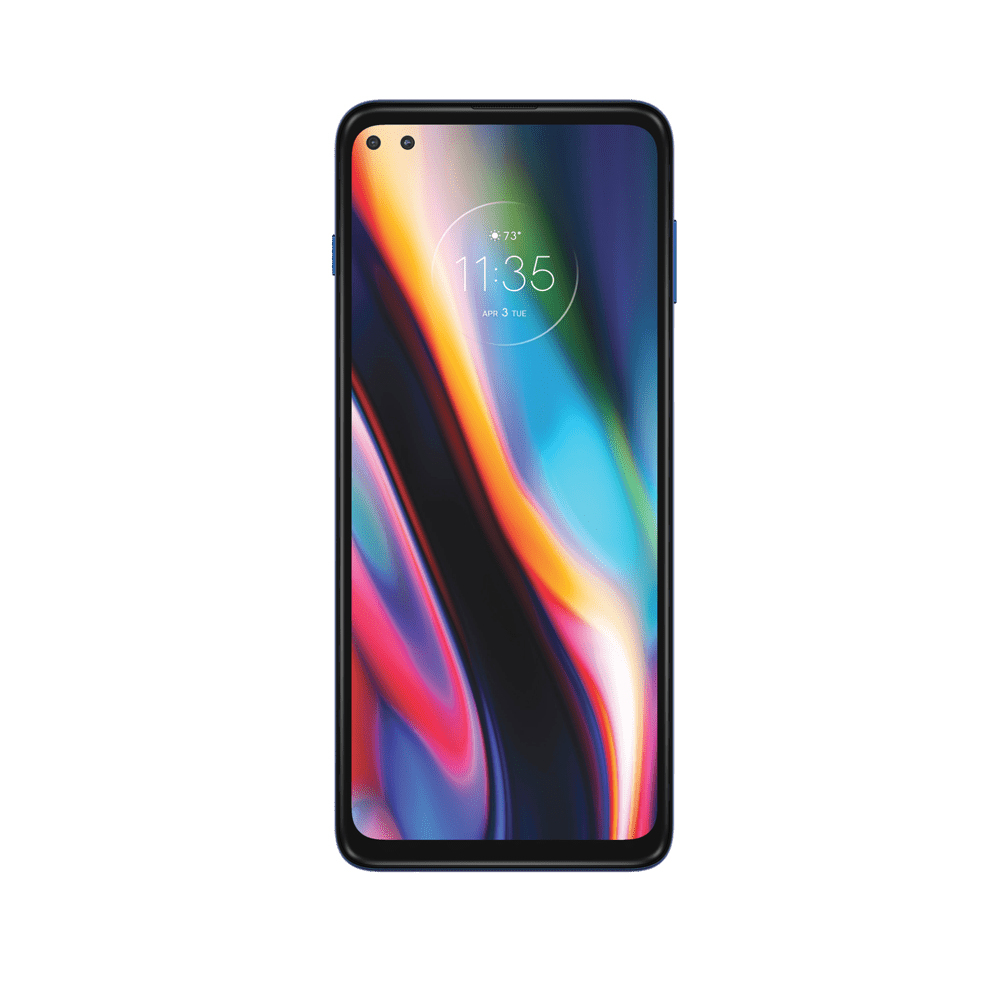 Blaues Telefon mit Bildschirm, der Zeit und Datum anzeigt. Der Hintergrund ist bunt.