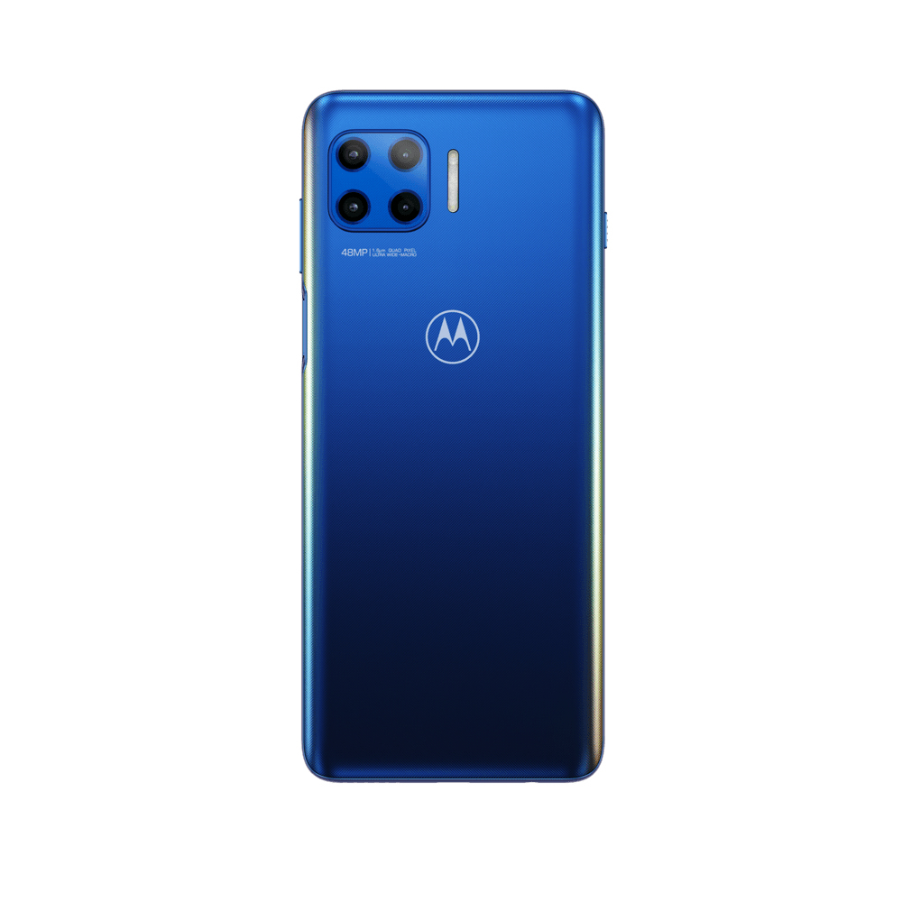 Blaues Telefon mit Kamera auf der Rückseite. Die Rückseite ist blau, die Kamera schwarz.