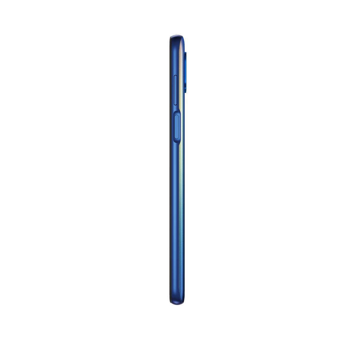 Blaues Telefon, Seitenansicht. Zeigt Tasten und Seitenprofil. Die Hülle ist blau.