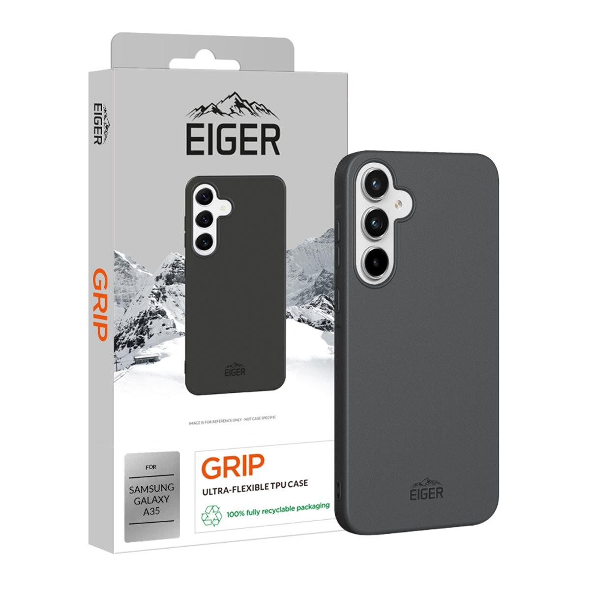 Custodia per telefono grigio scuro e confezione con marchio e montagne.