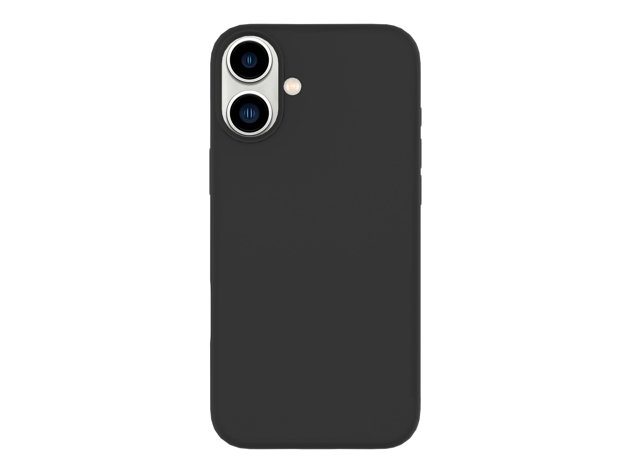 Custodia nera per telefono, vista posteriore, con due fotocamere e un flash.