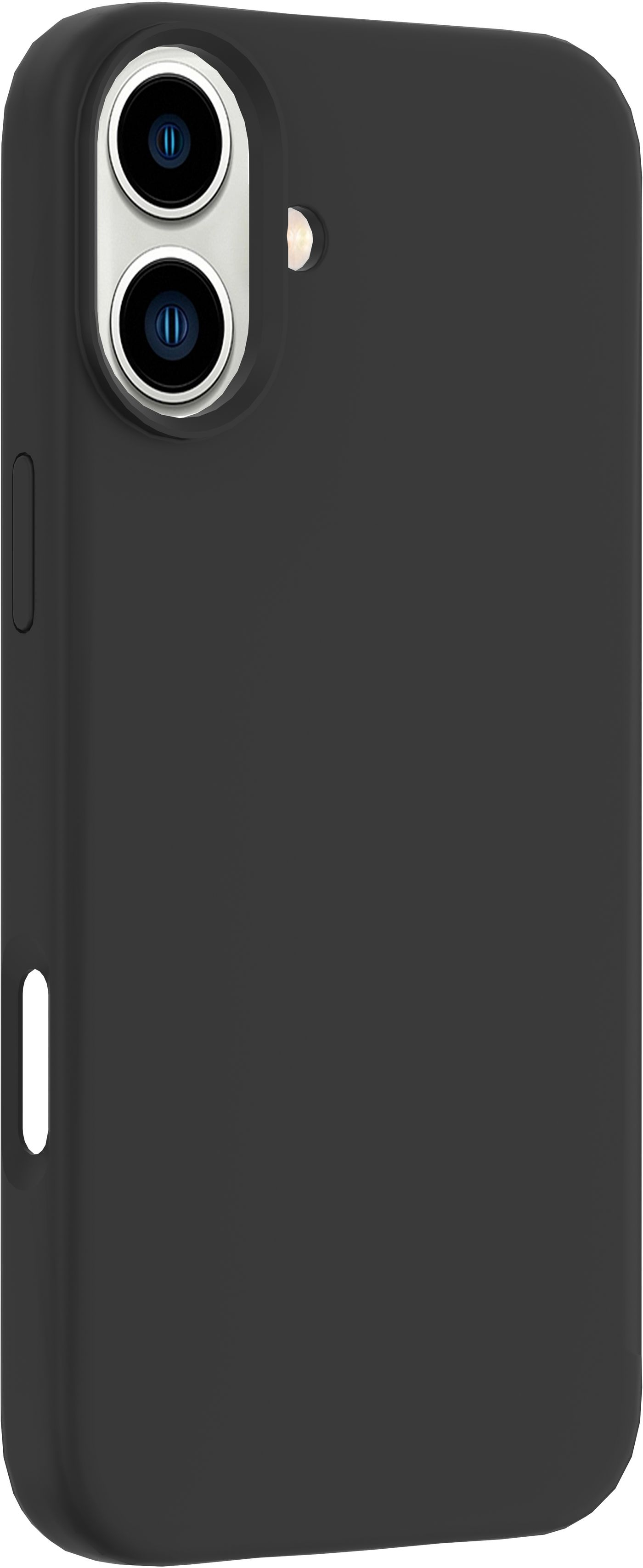Custodia per telefono nera con ritagli per fotocamera e un pulsante laterale.