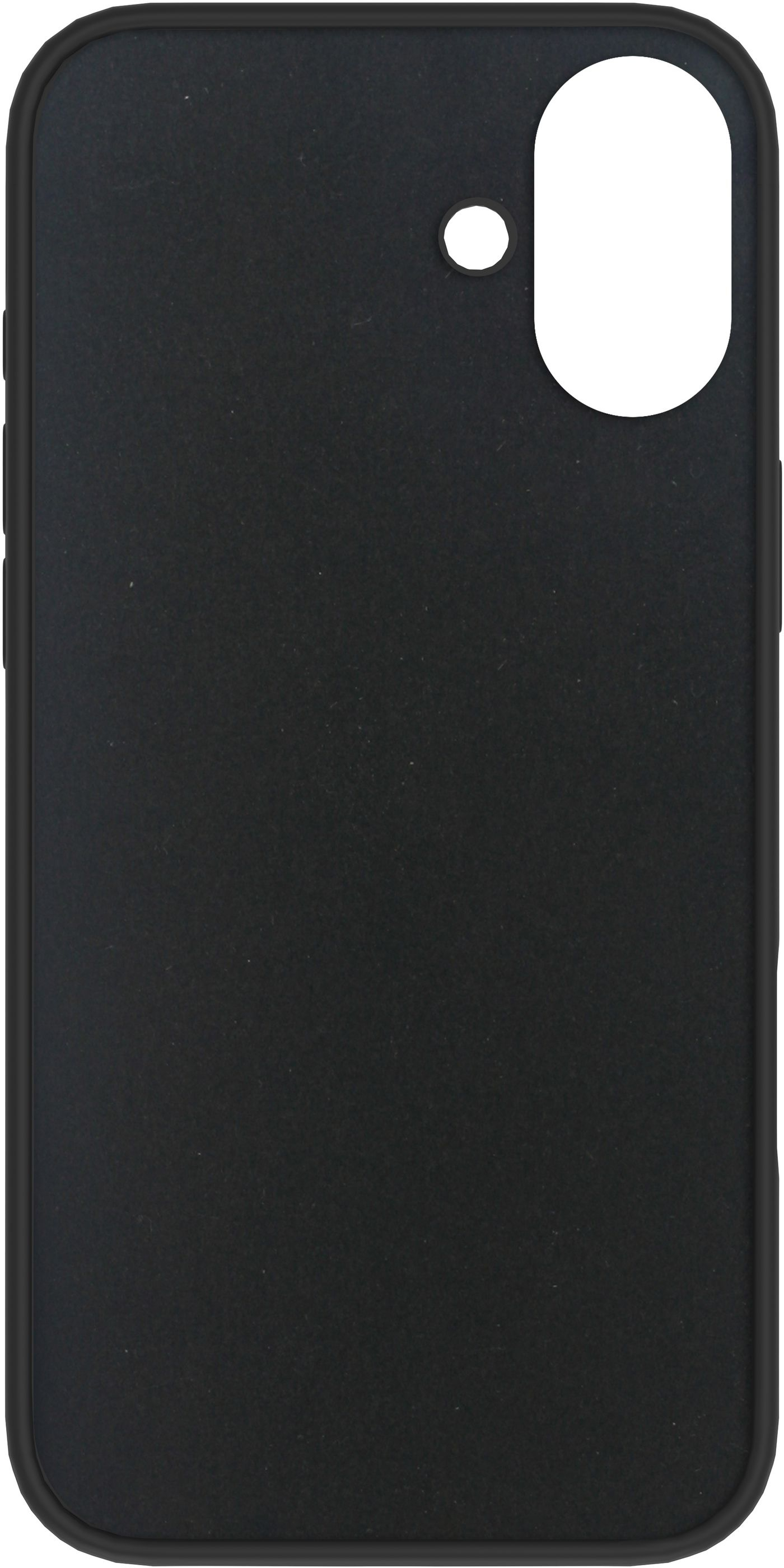 Custodia nera per telefono, vista posteriore, con ritaglio per fotocamera e flash.