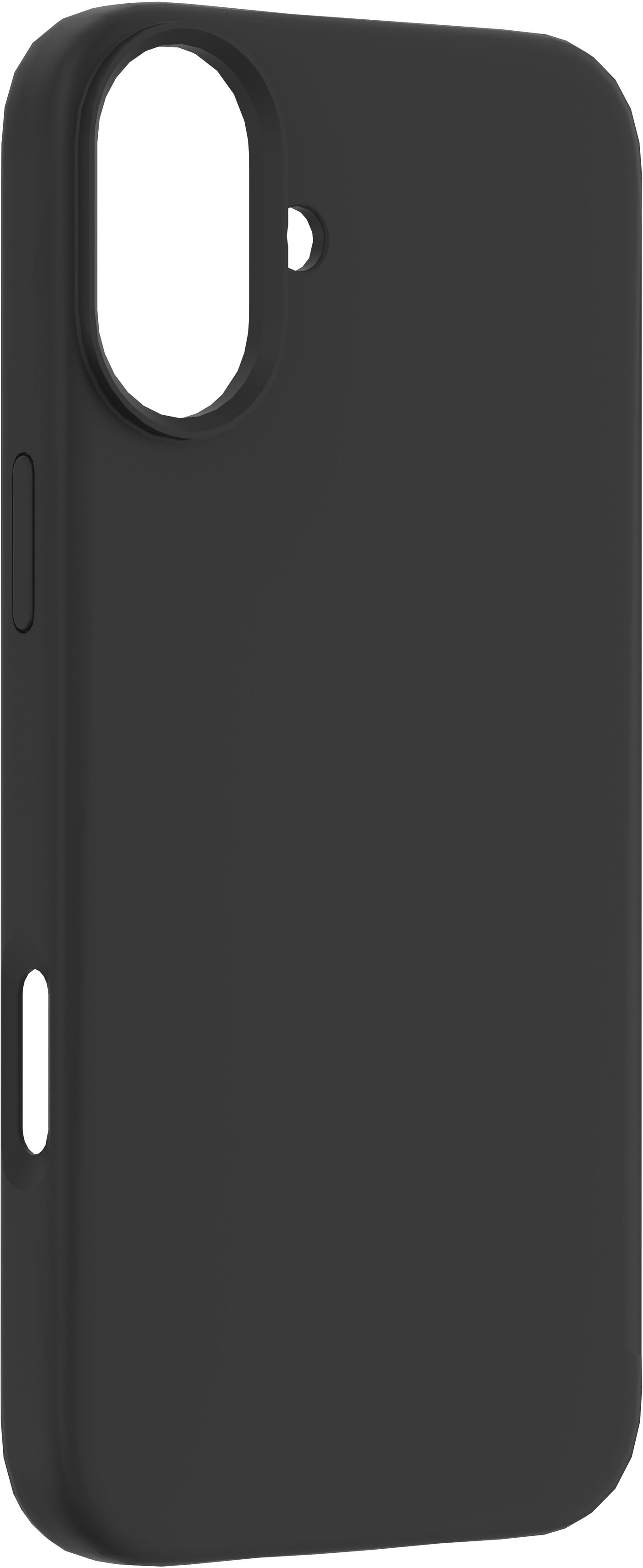 Custodia per telefono nera, con ritaglio per la fotocamera e pulsanti laterali, che mostra un design elegante e minimalista.