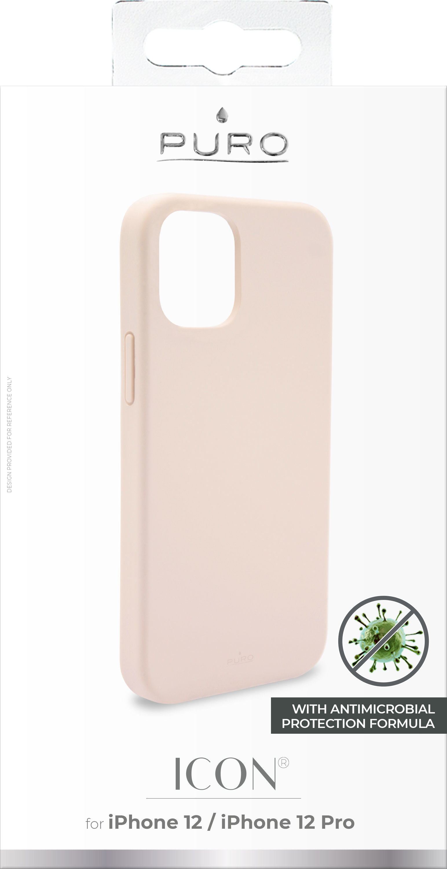 Custodia per telefono in scatola. La custodia è rosa chiaro, con testo e logo.