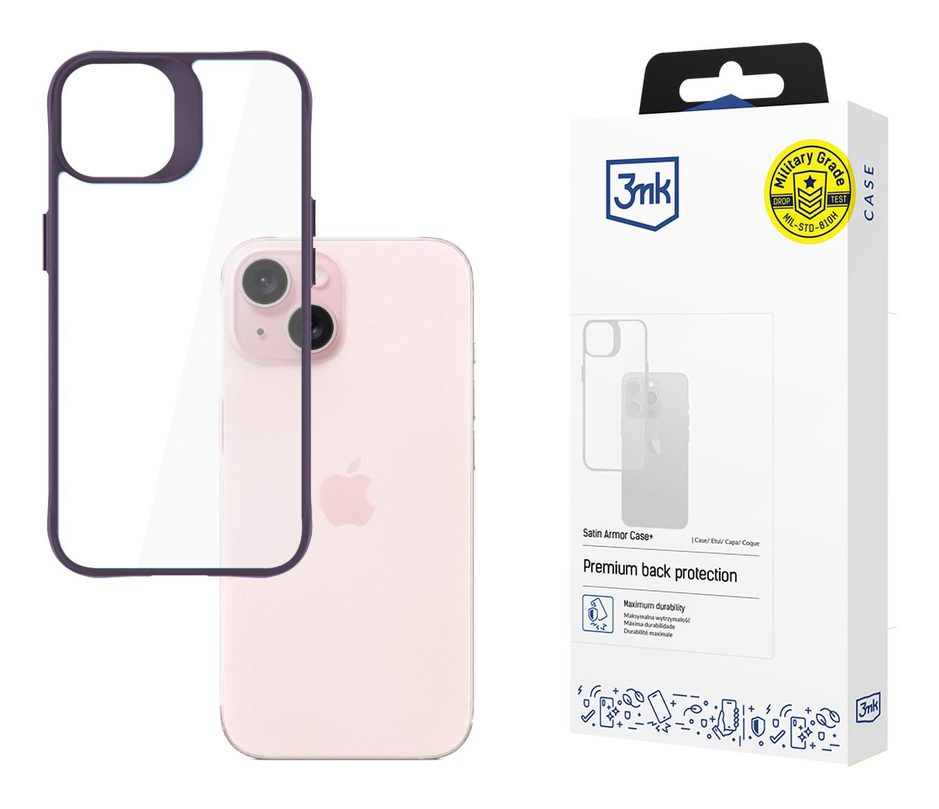 iPhone rosa con custodia viola e trasparente. La custodia è separata, la scatola con testo è a destra.