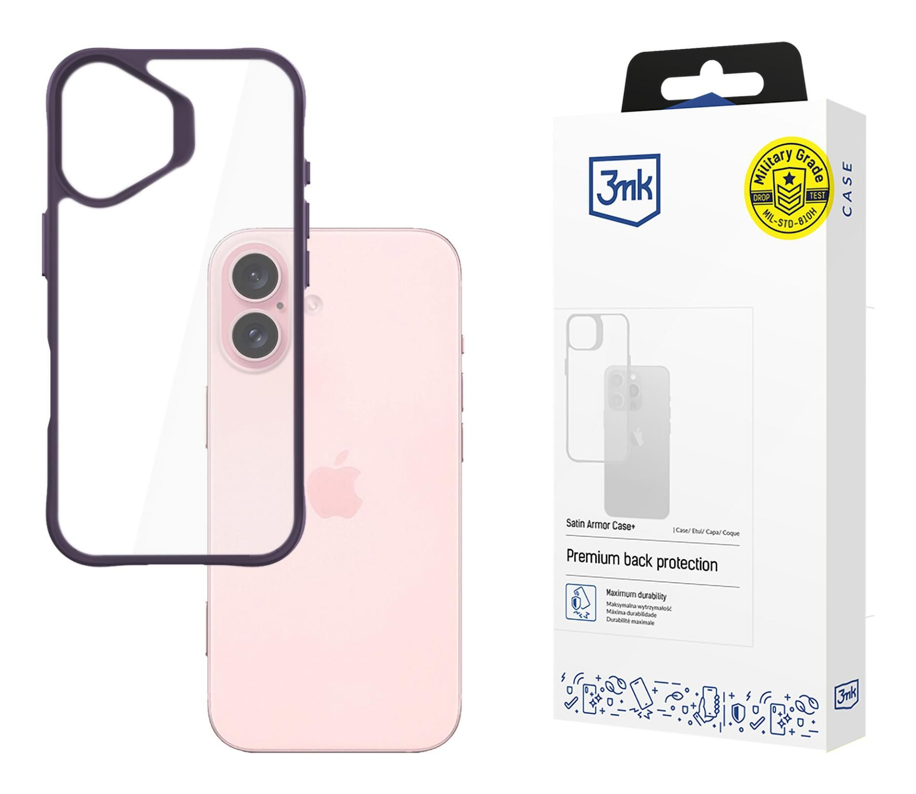 iPhone rosa con custodia viola e trasparente. La custodia è separata e una scatola con testo è a destra.