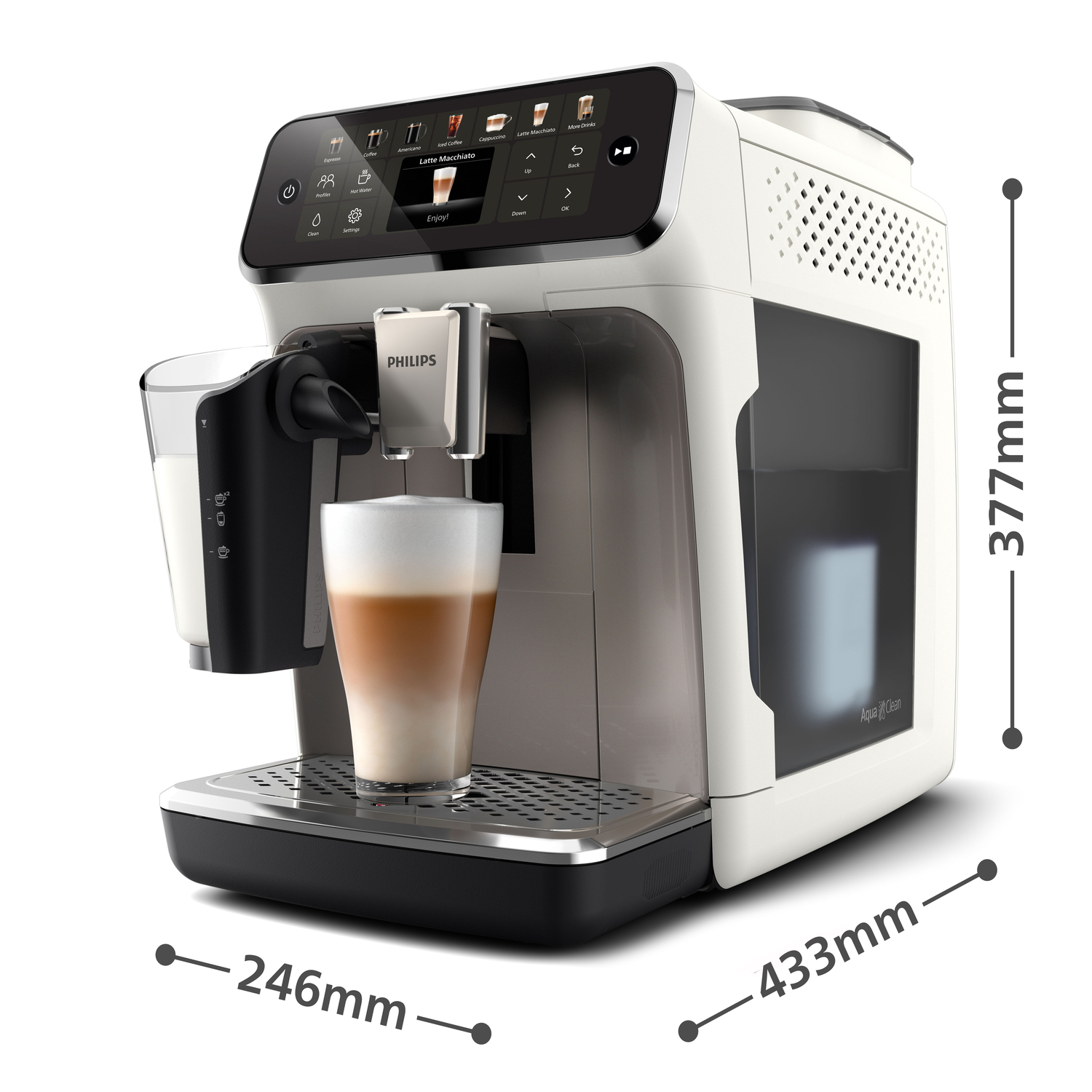 Macchina da caffè bianca e nera. Sta facendo un latte. C'è un bicchiere di fronte al beccuccio.