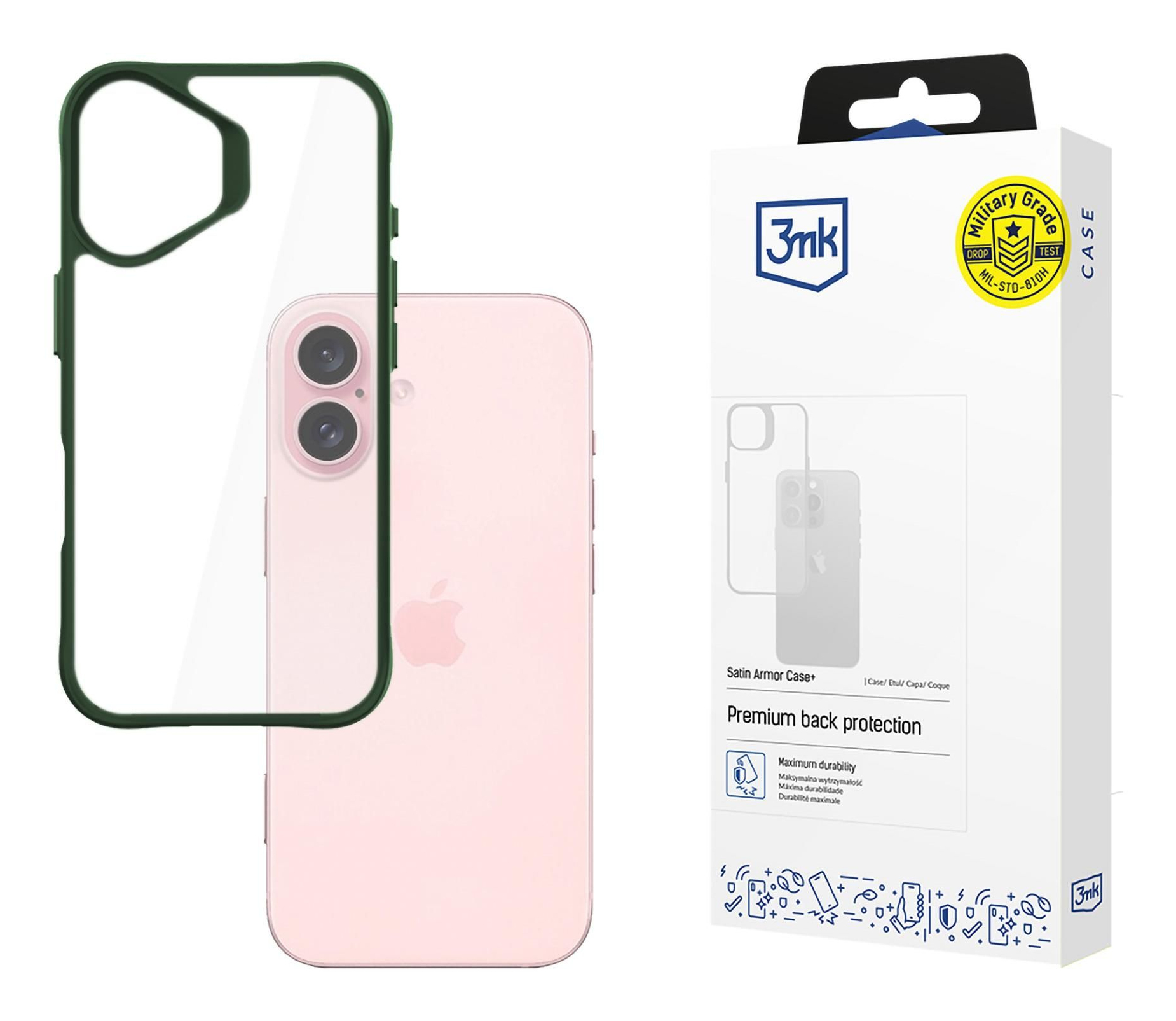 Un iPhone e una custodia con bordo verde e una scatola bianca con testo.