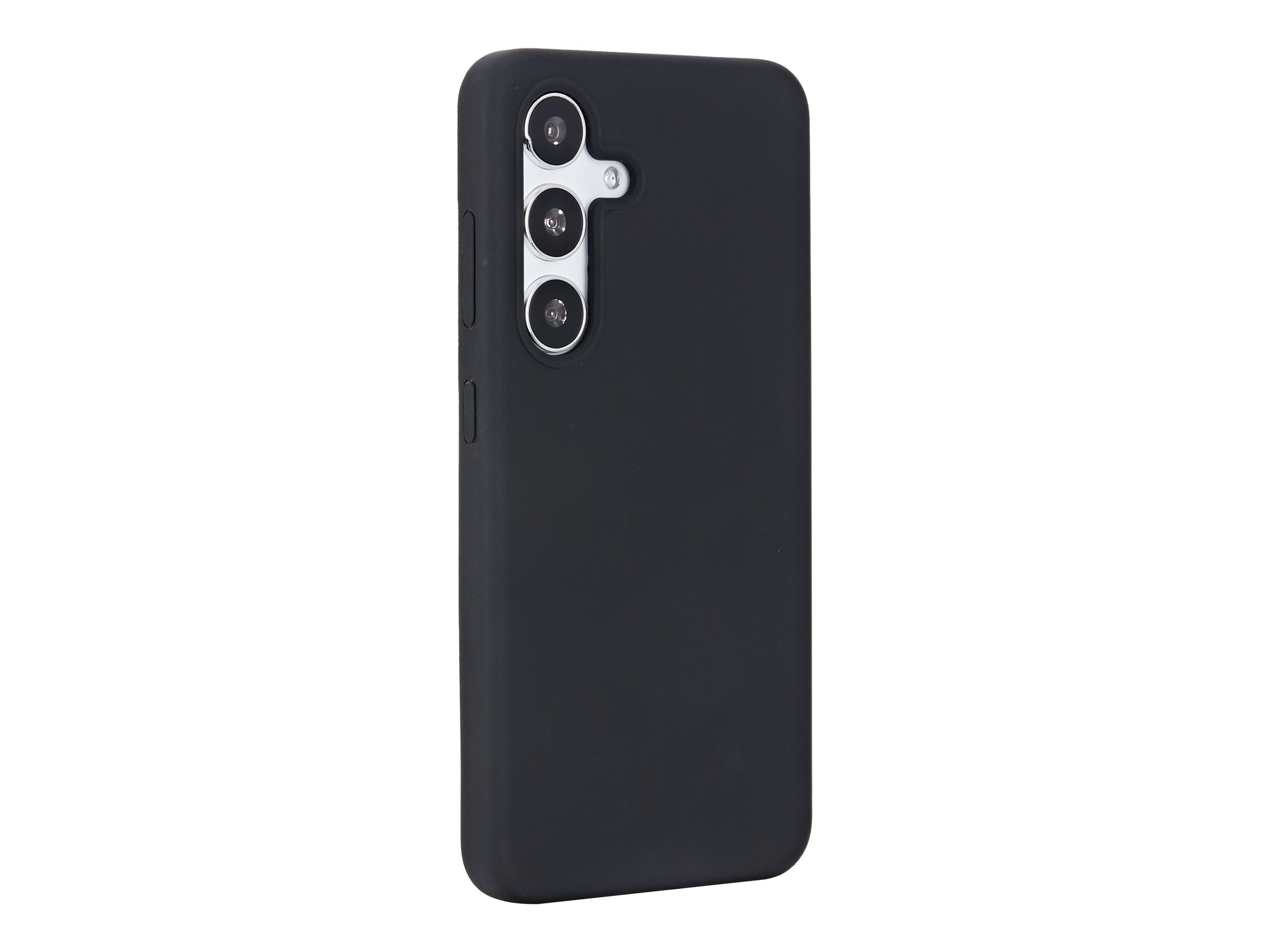 Custodia nera per telefono con lenti della fotocamera su sfondo bianco.