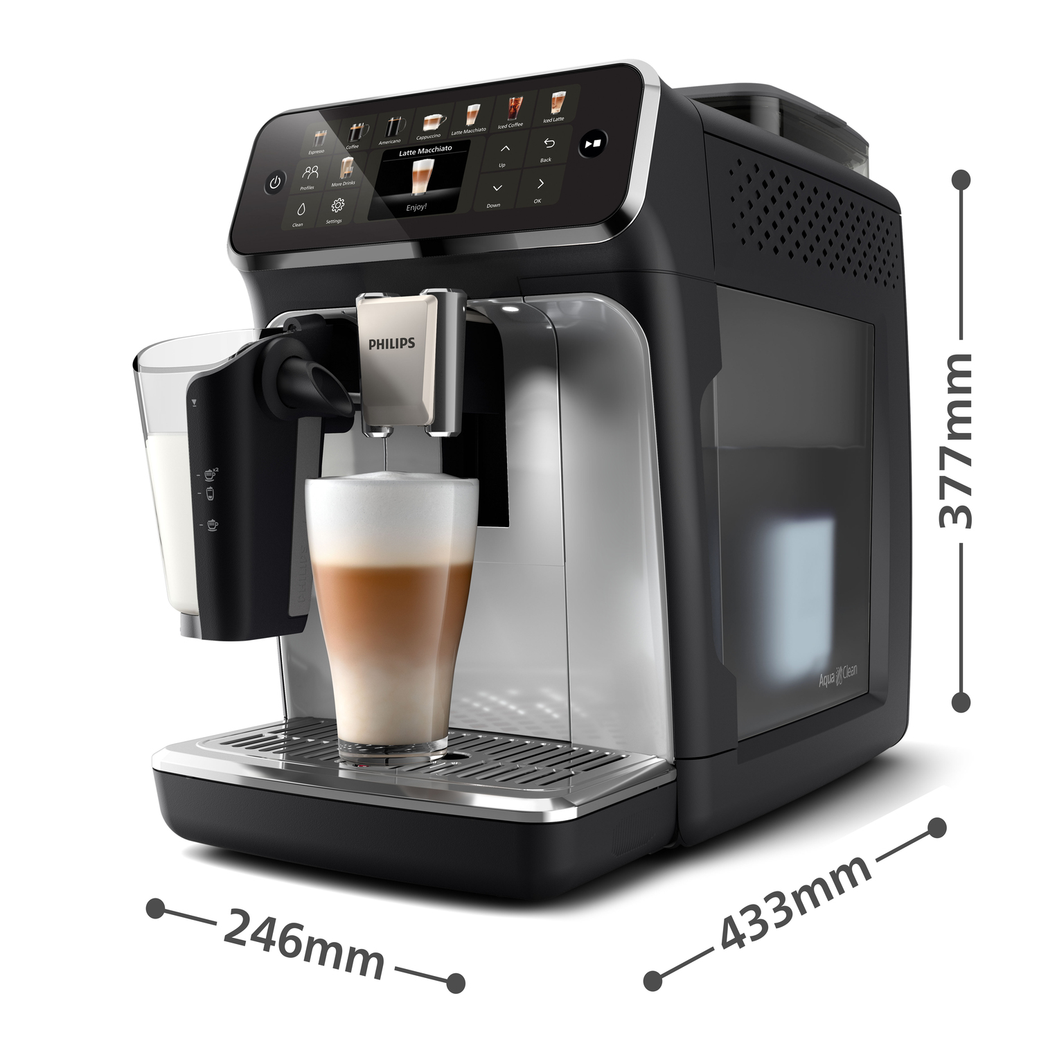 Macchina per espresso Philips nera e argento con un bicchiere di latte macchiato.