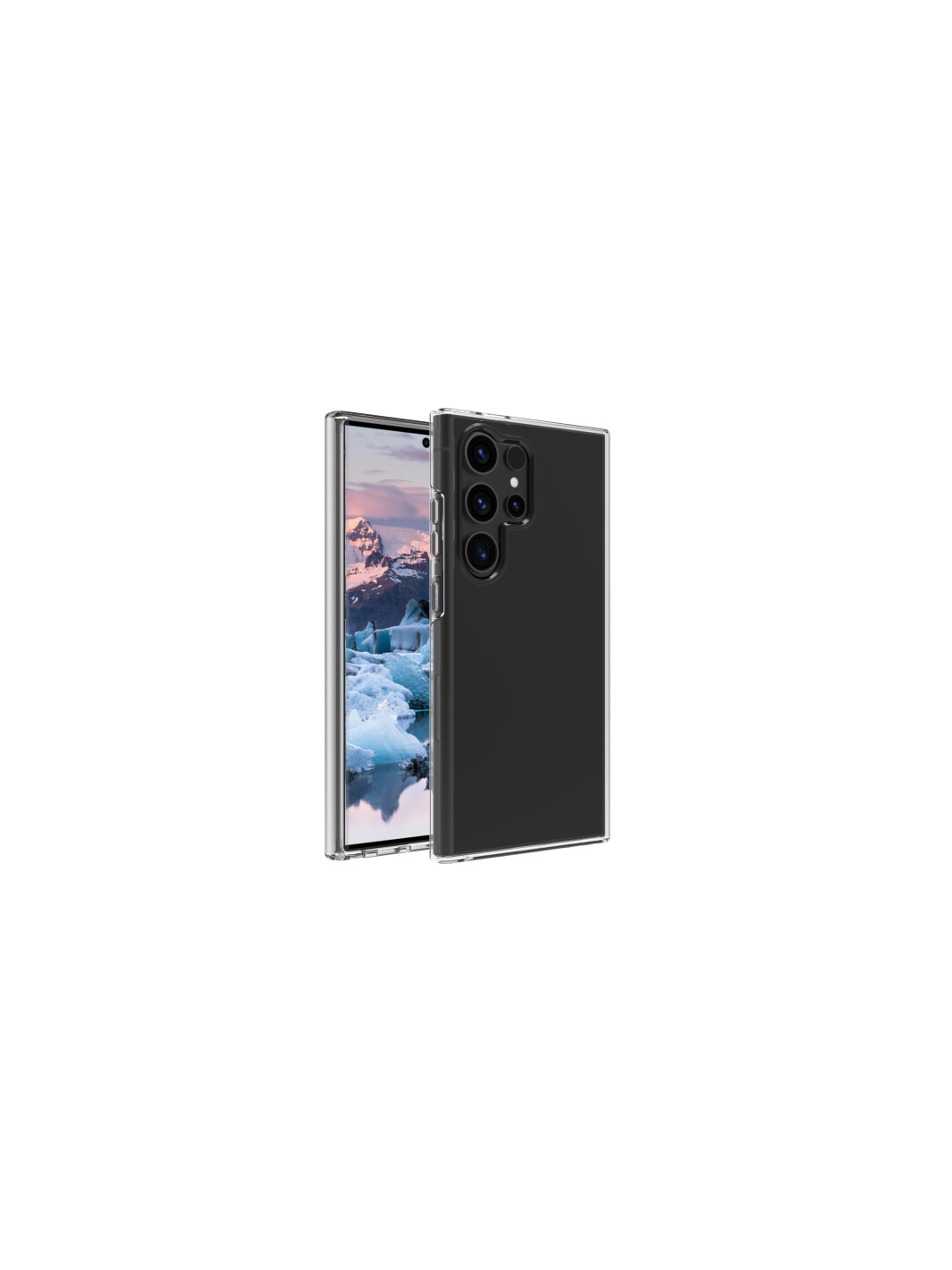 Samsung-Telefon mit transparenter Hülle, zeigt eine Landschaftsaufnahme.