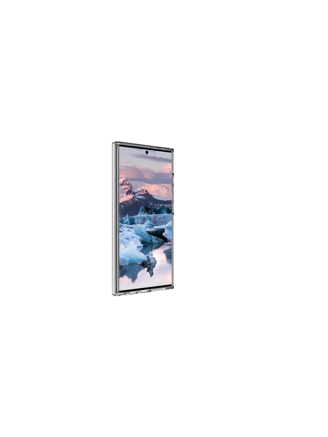Ein Telefon mit einer transparenten Hülle und einem Landschaftsbild auf dem Bildschirm.