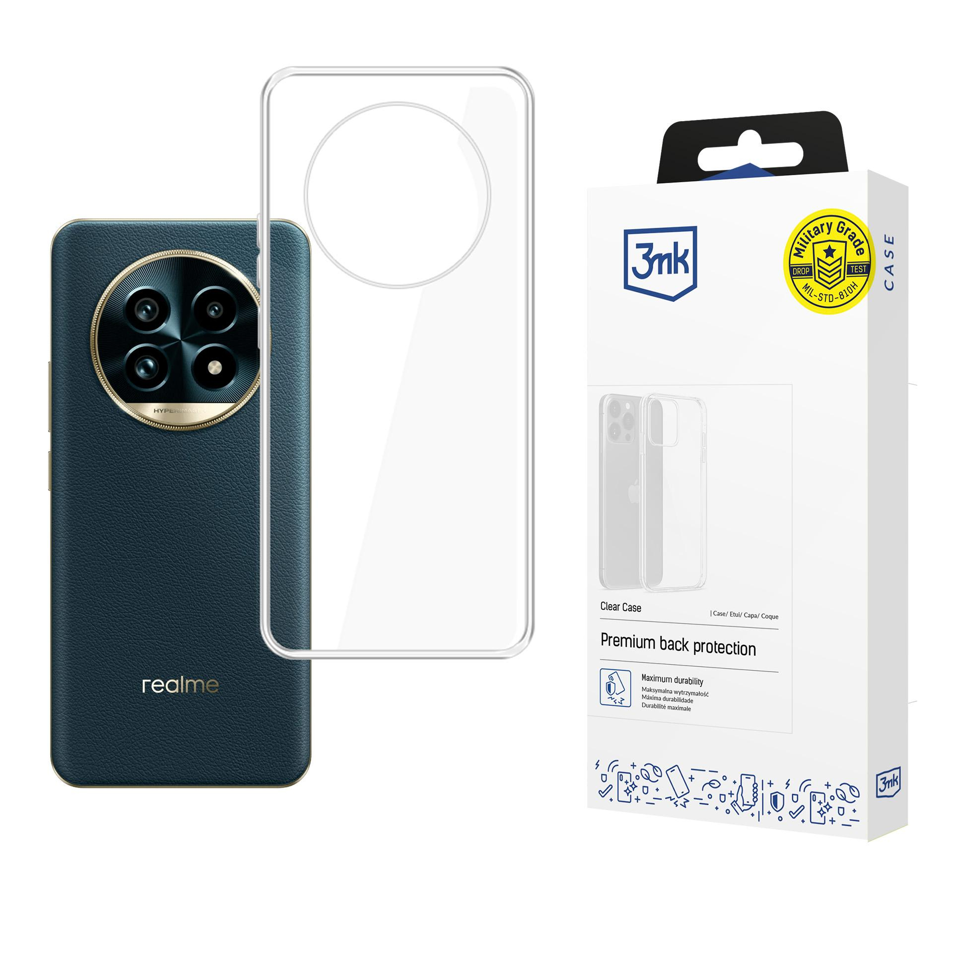 Telefon w czarnym etui z przezroczystym etui, pudełkiem, na białej powierzchni.