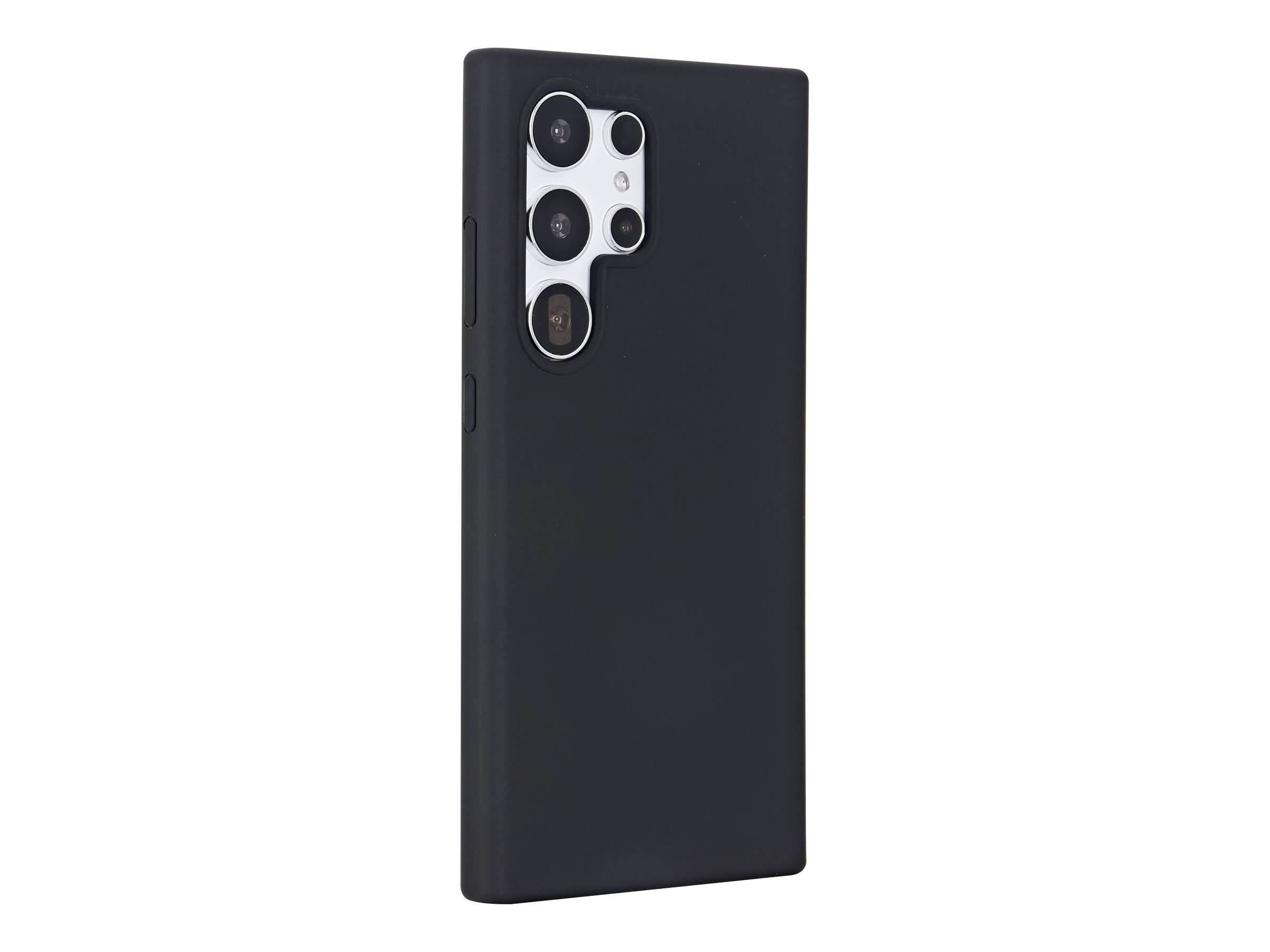 Telefono nero in una custodia nera, con più fotocamere.