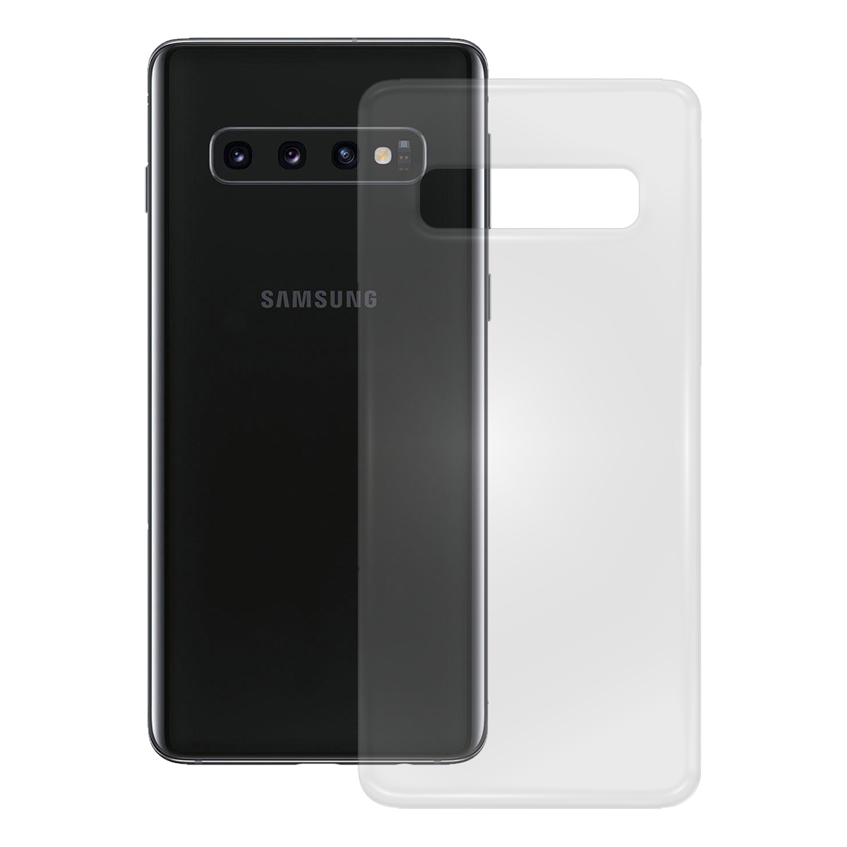 Telefono Samsung nero con una custodia trasparente accanto.