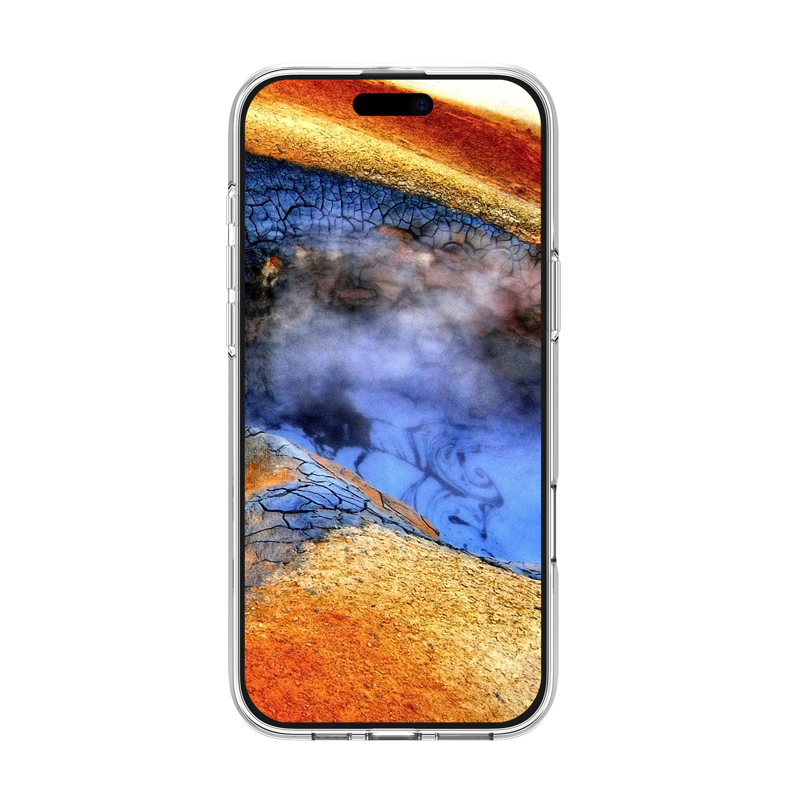 Telefono in custodia trasparente, con sfondo schermo paesaggio geotermico.