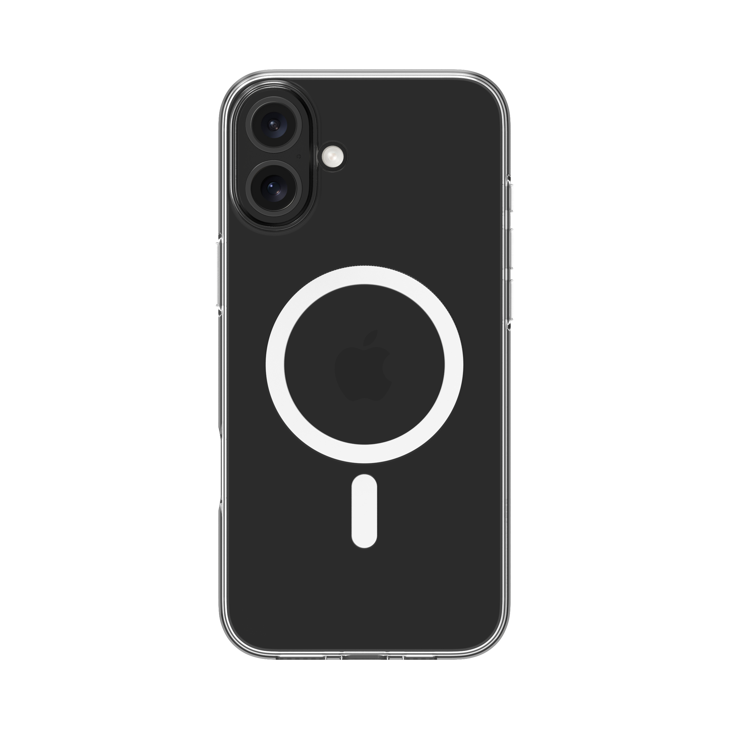 Custodia trasparente con telefono dentro. Visibile un cerchio bianco e un meno.