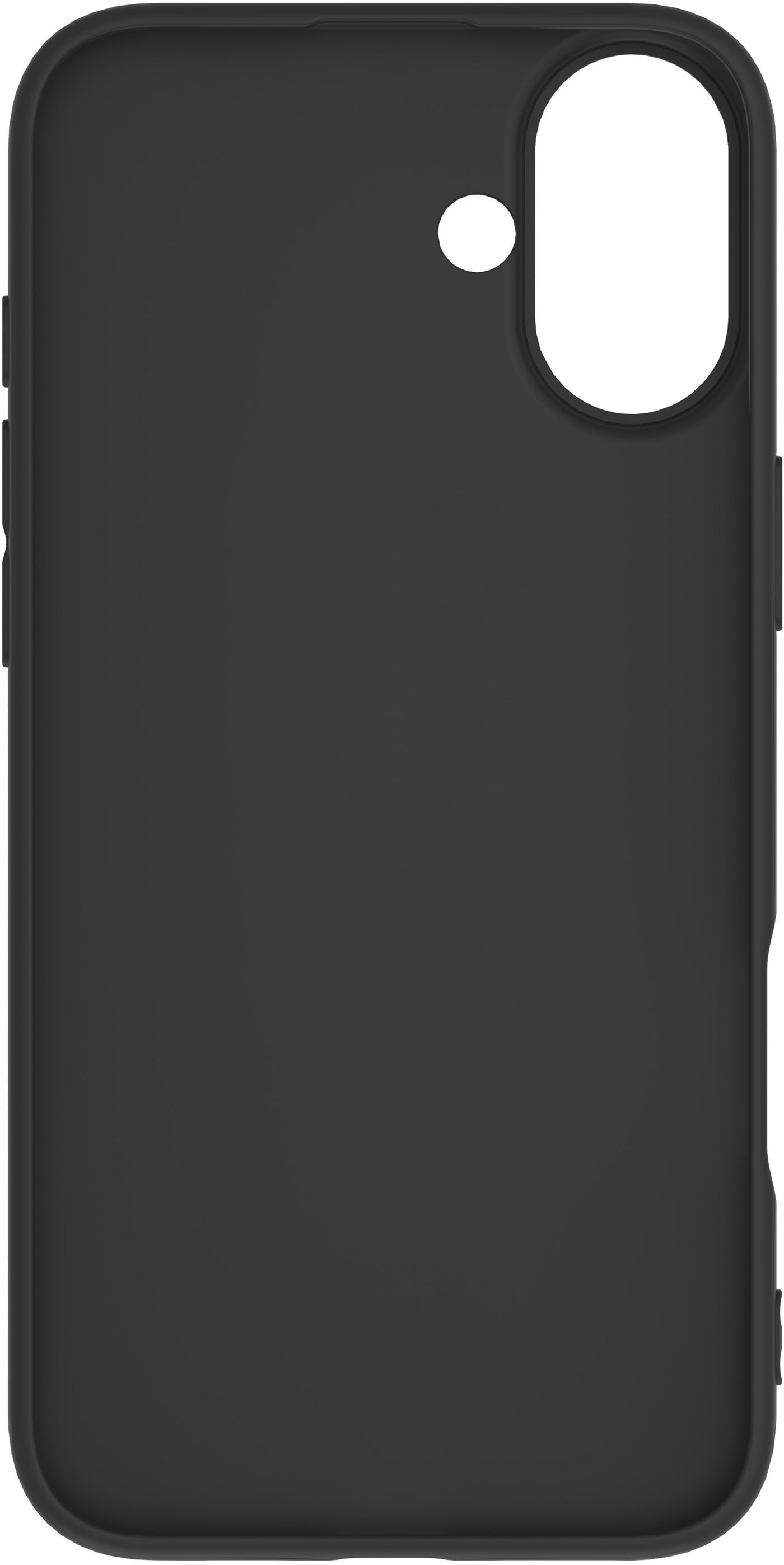 Custodia nera per telefono. La custodia ha un ritaglio per la fotocamera e un punto bianco.