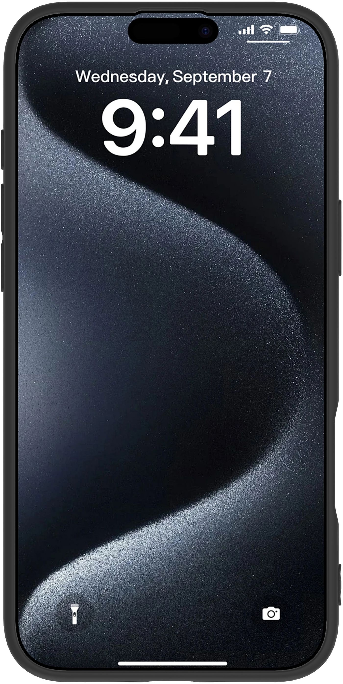 Telefono nero con custodia nera, mostra ora e data sul display.