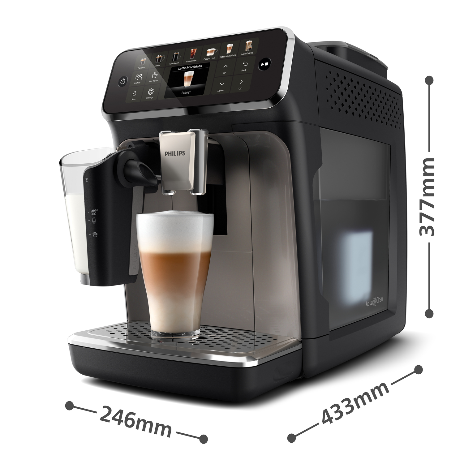 Black and silver Philips espresso machine. It has a screen, dimensions are indicated, and a glass with coffee.