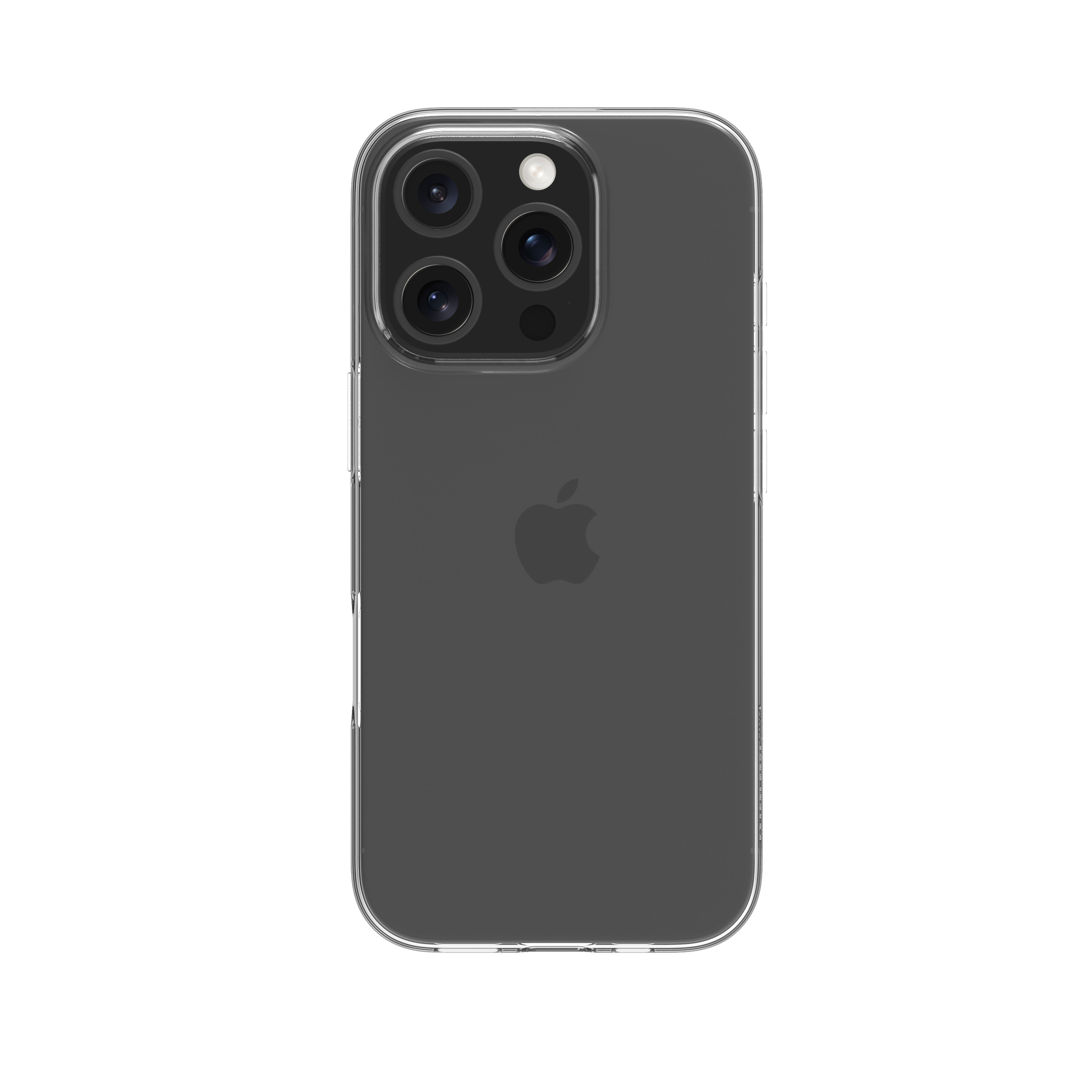Retro iPhone con custodia trasparente. Logo Apple e fotocamera visibili.