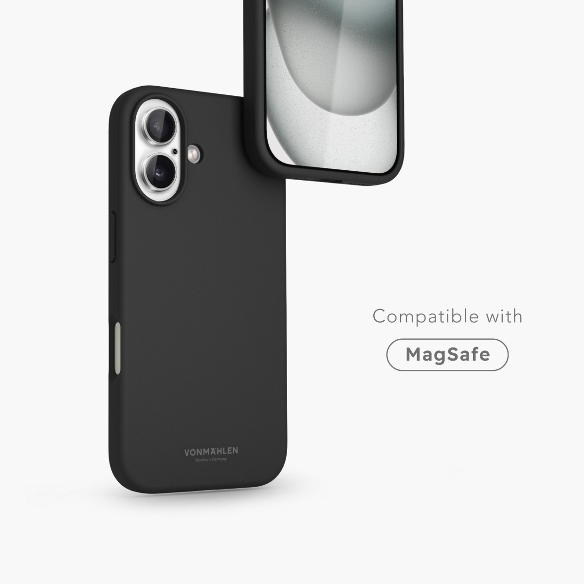 Coque de téléphone noire avec téléphone partiellement visible. Compatible MagSafe.