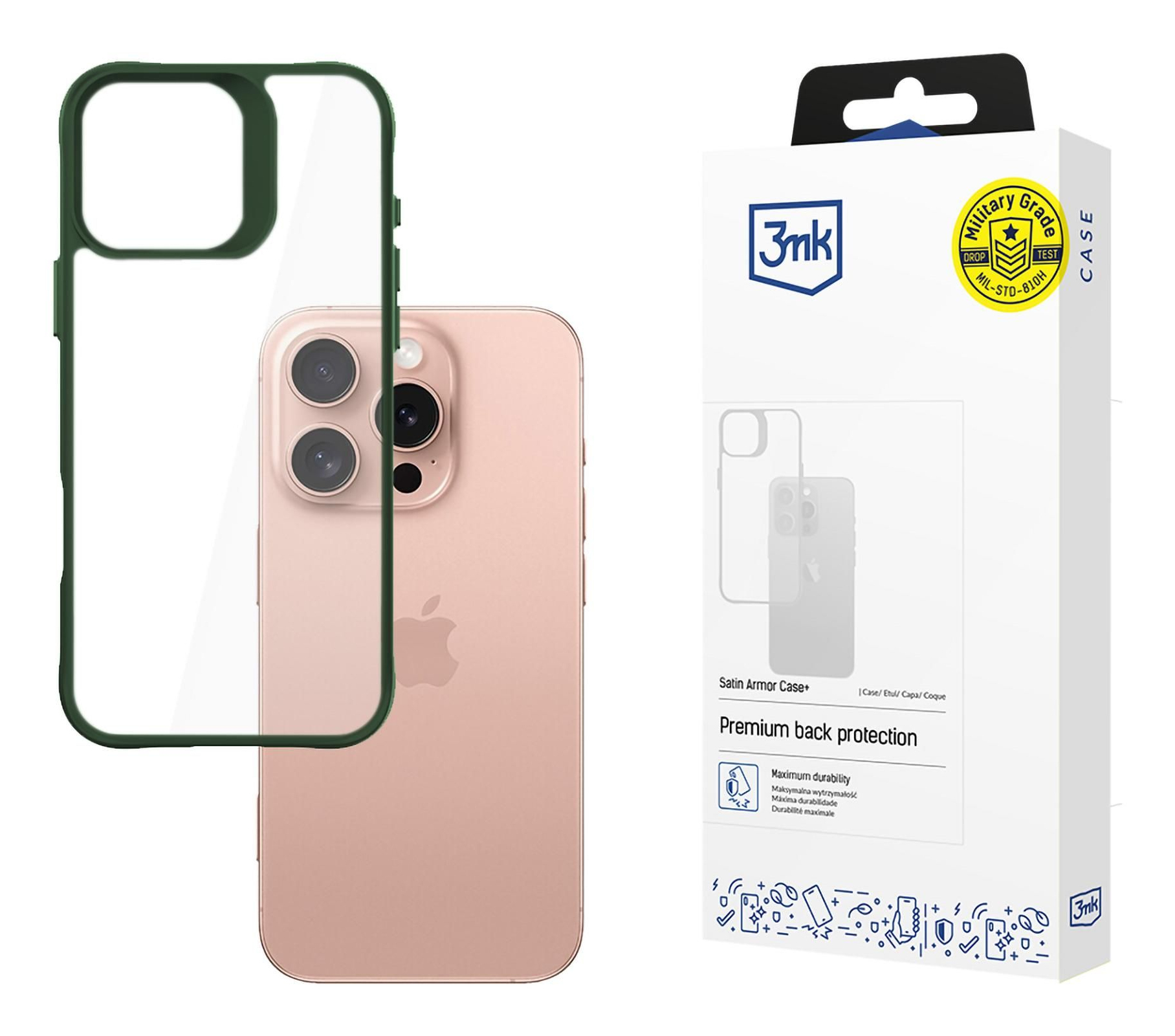 Custodia per telefono verde e trasparente e una scatola. La custodia è accanto a un telefono. La scatola mostra una custodia simile.