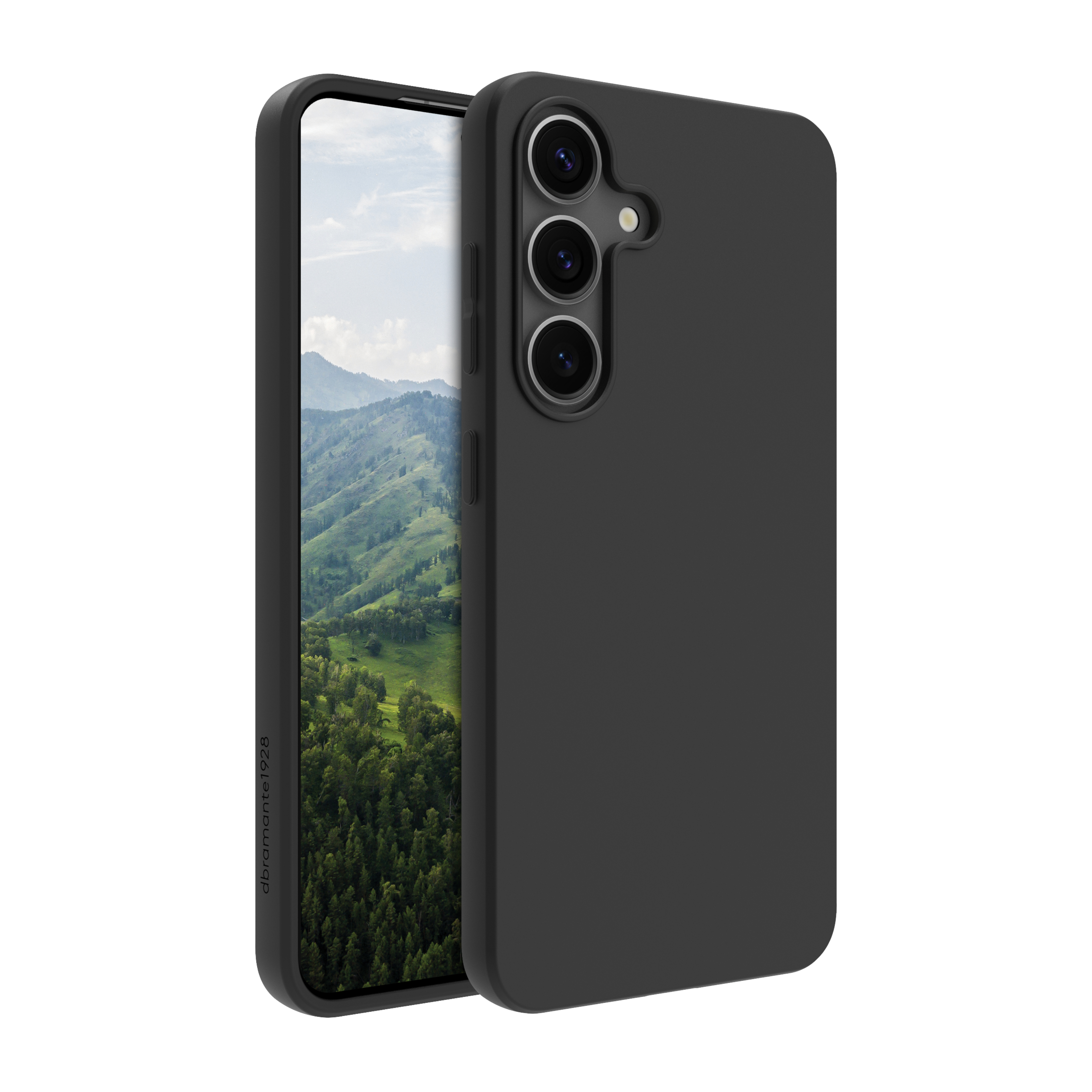 Un telefono nero in una custodia nera, con una scena di montagna verde sullo schermo.