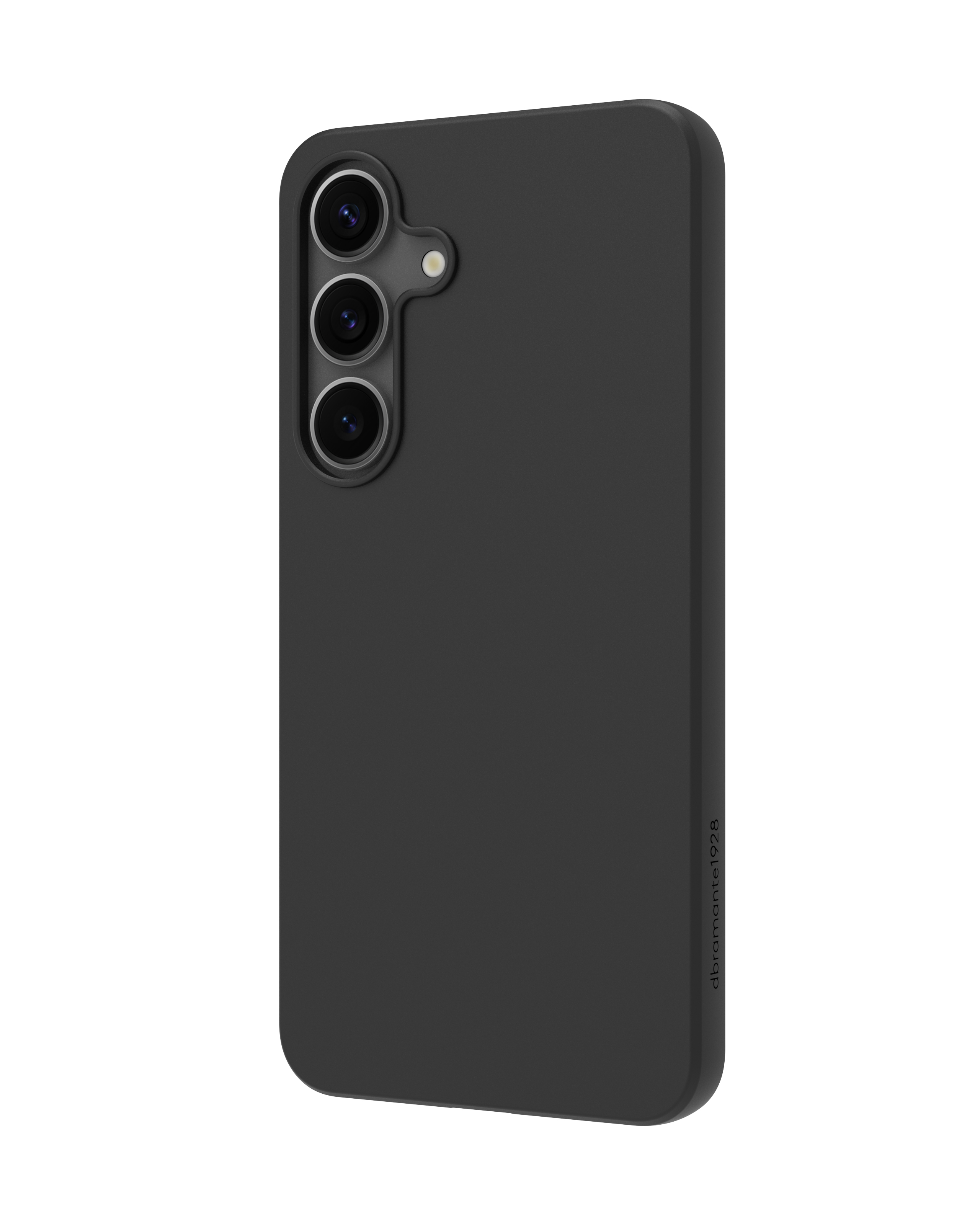 Custodia per telefono nera con tre obiettivi della fotocamera. La custodia è su uno sfondo bianco.