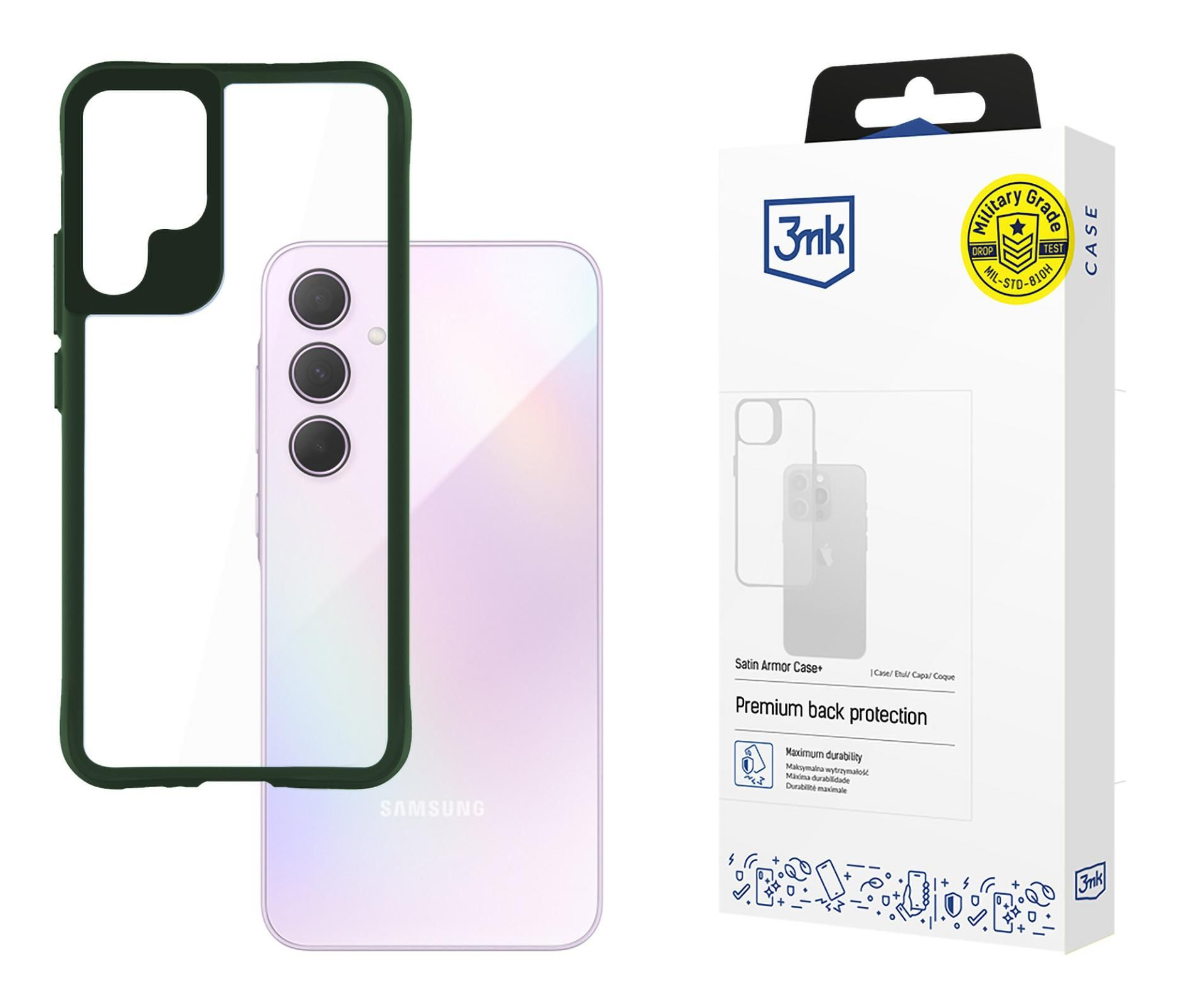 Custodia e telefono. La custodia è verde, il telefono è viola, su sfondo bianco.