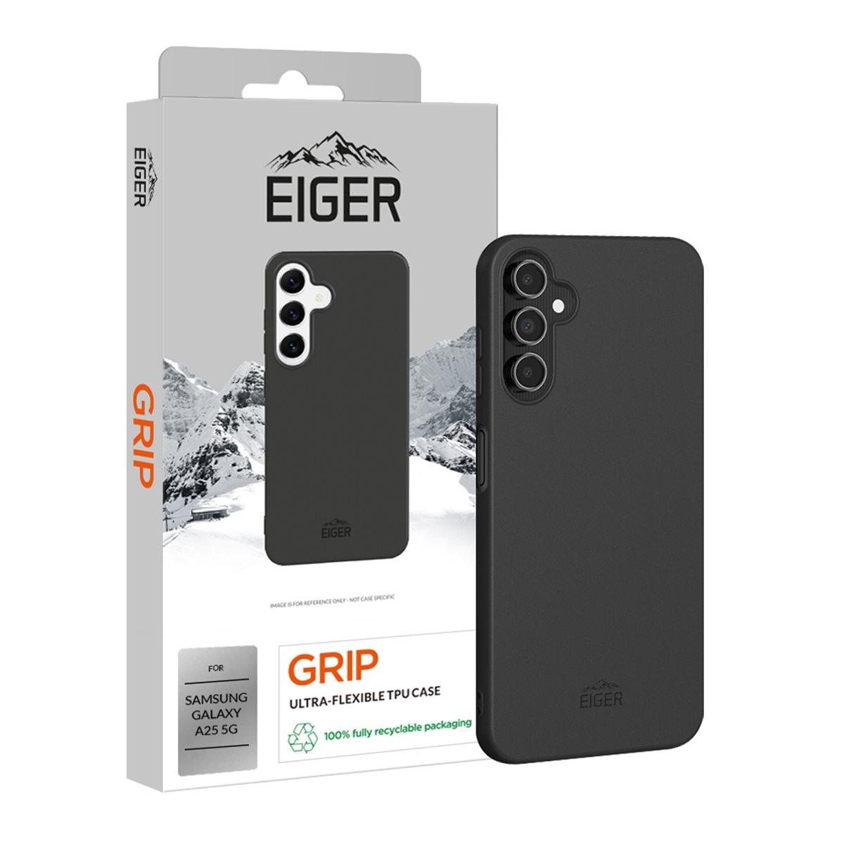 Custodia nera per telefono con logo Eiger, un telefono è mostrato sulla confezione.