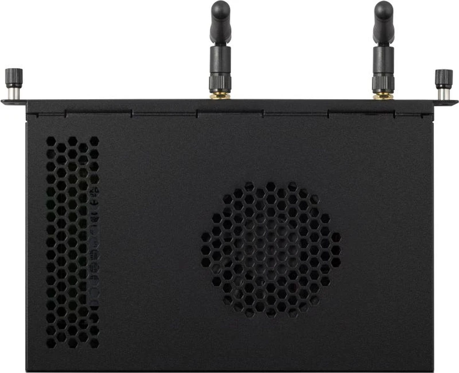 Czarny element komputera z antenami i wentylacją o strukturze plastra miodu.