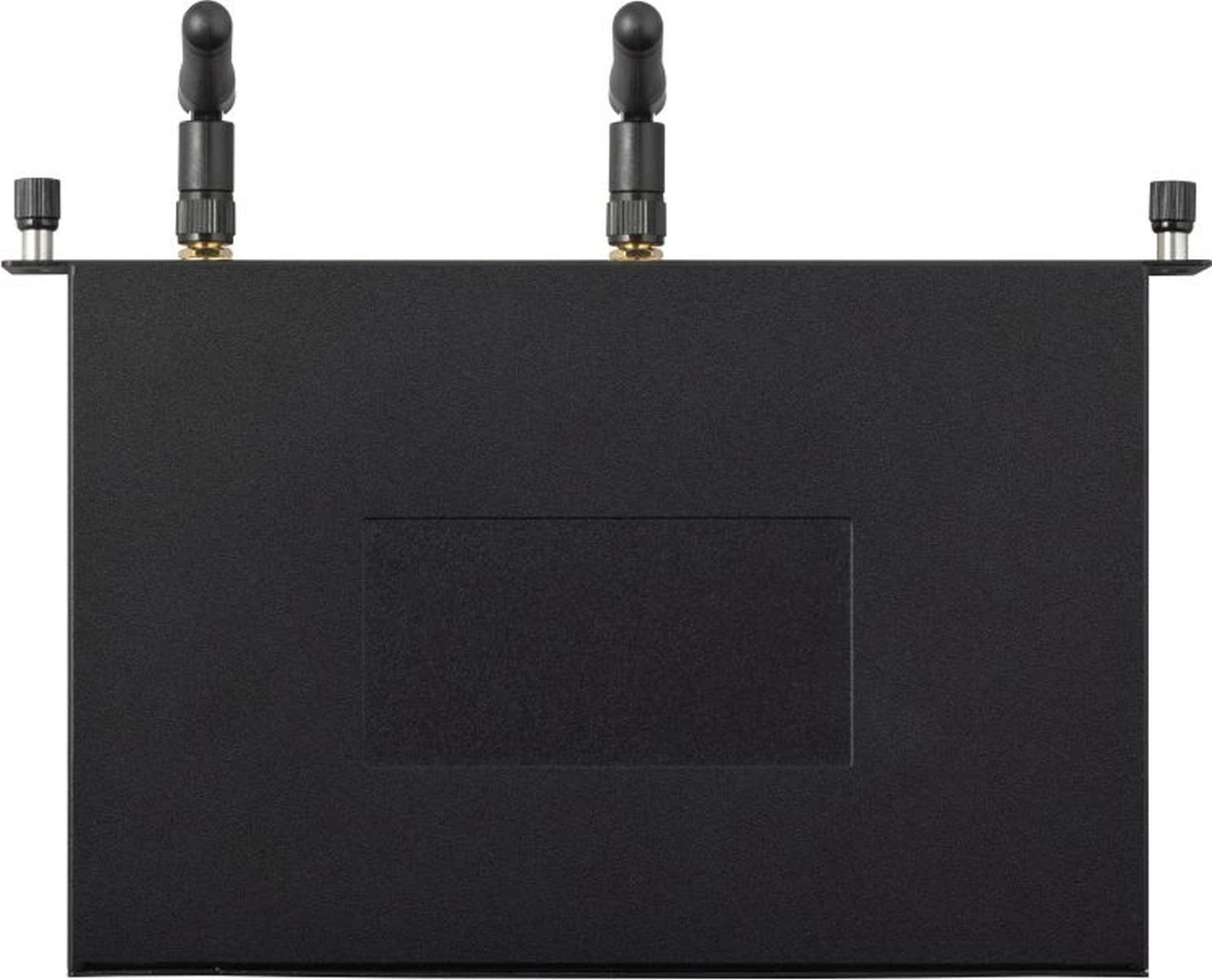 Czarne urządzenie sieciowe z antenami. Ma dwie anteny na górze i prostokątne wgłębienie.