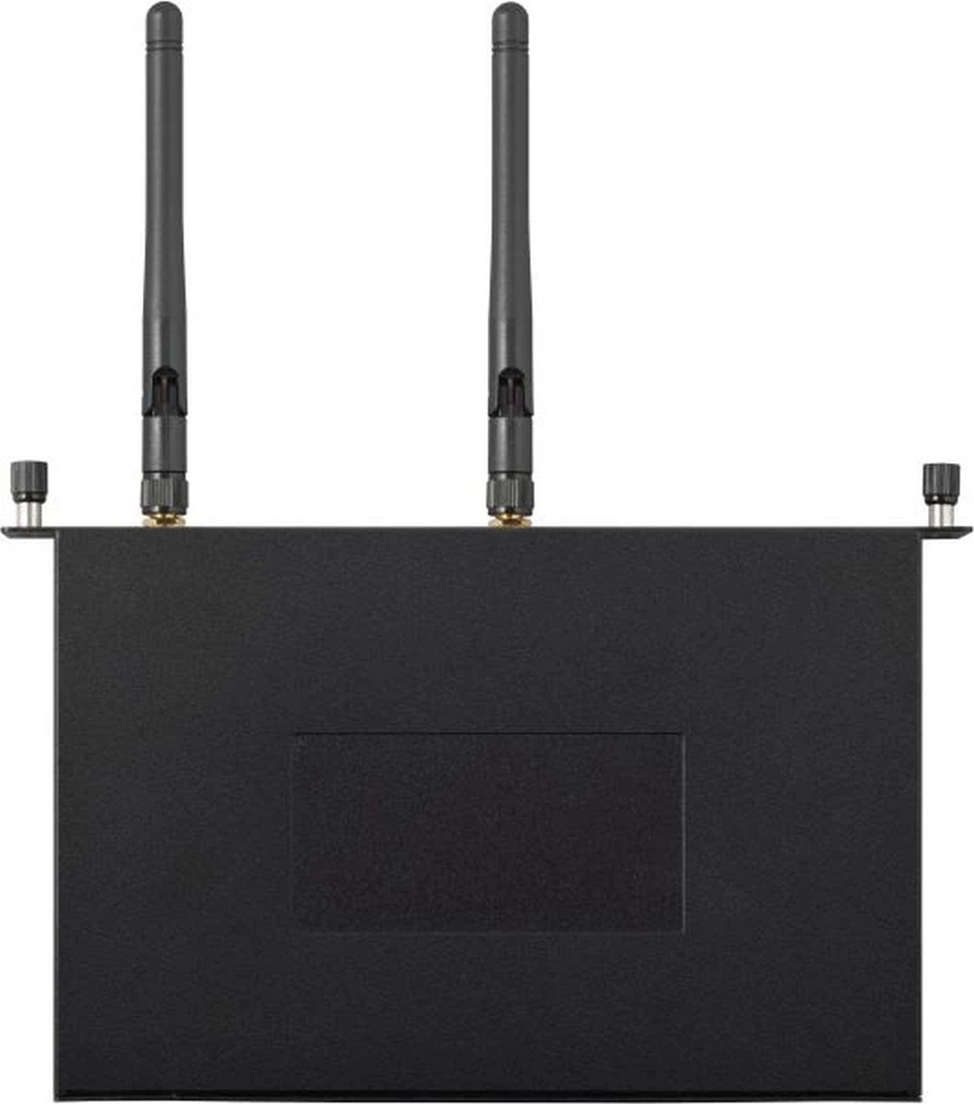 Czarne urządzenie z dwiema antenami skierowanymi do góry. Posiada płaską powierzchnię z prostokątem.