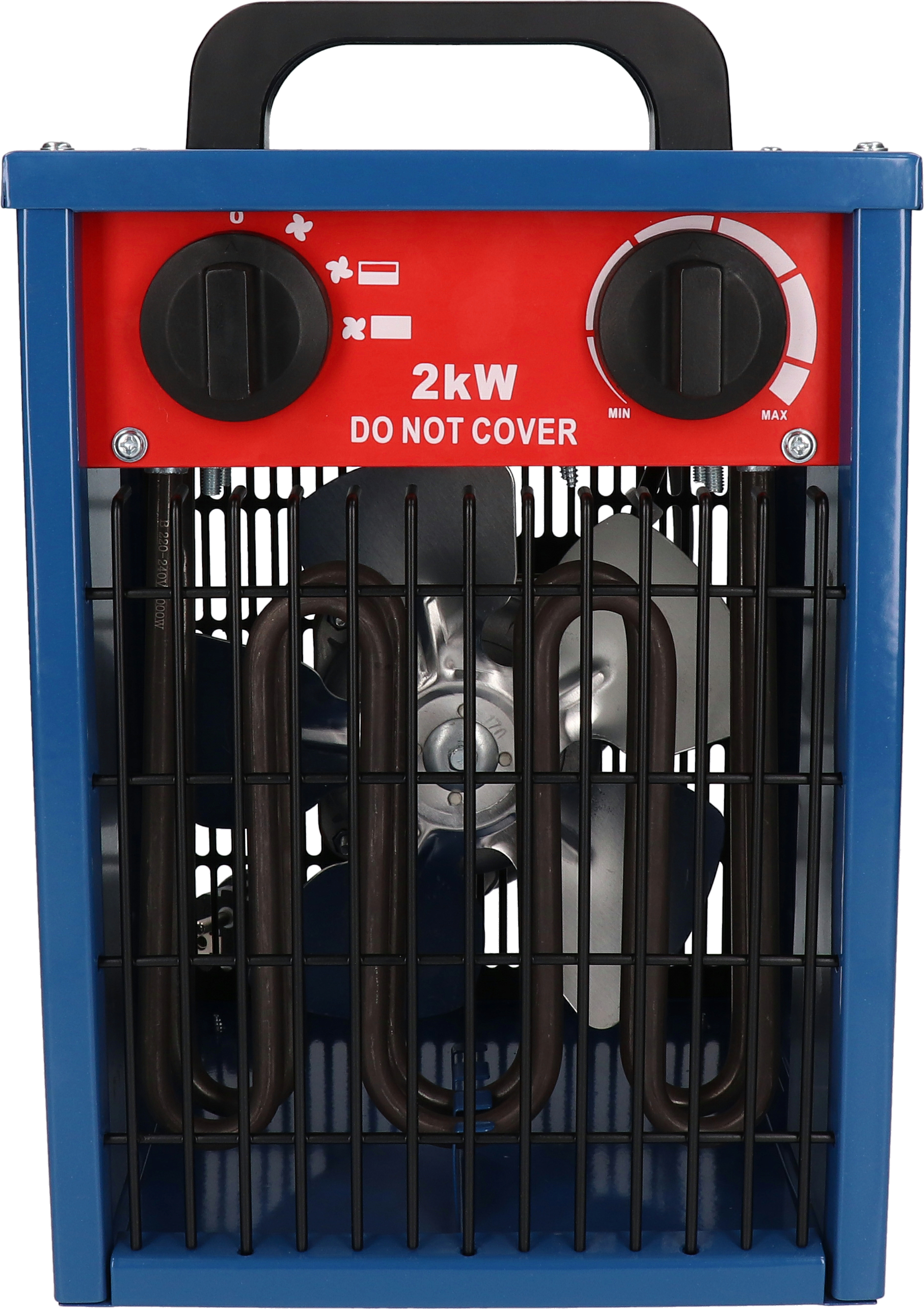 Blau-roter Elektroheizer mit Knöpfen und einem Griff.