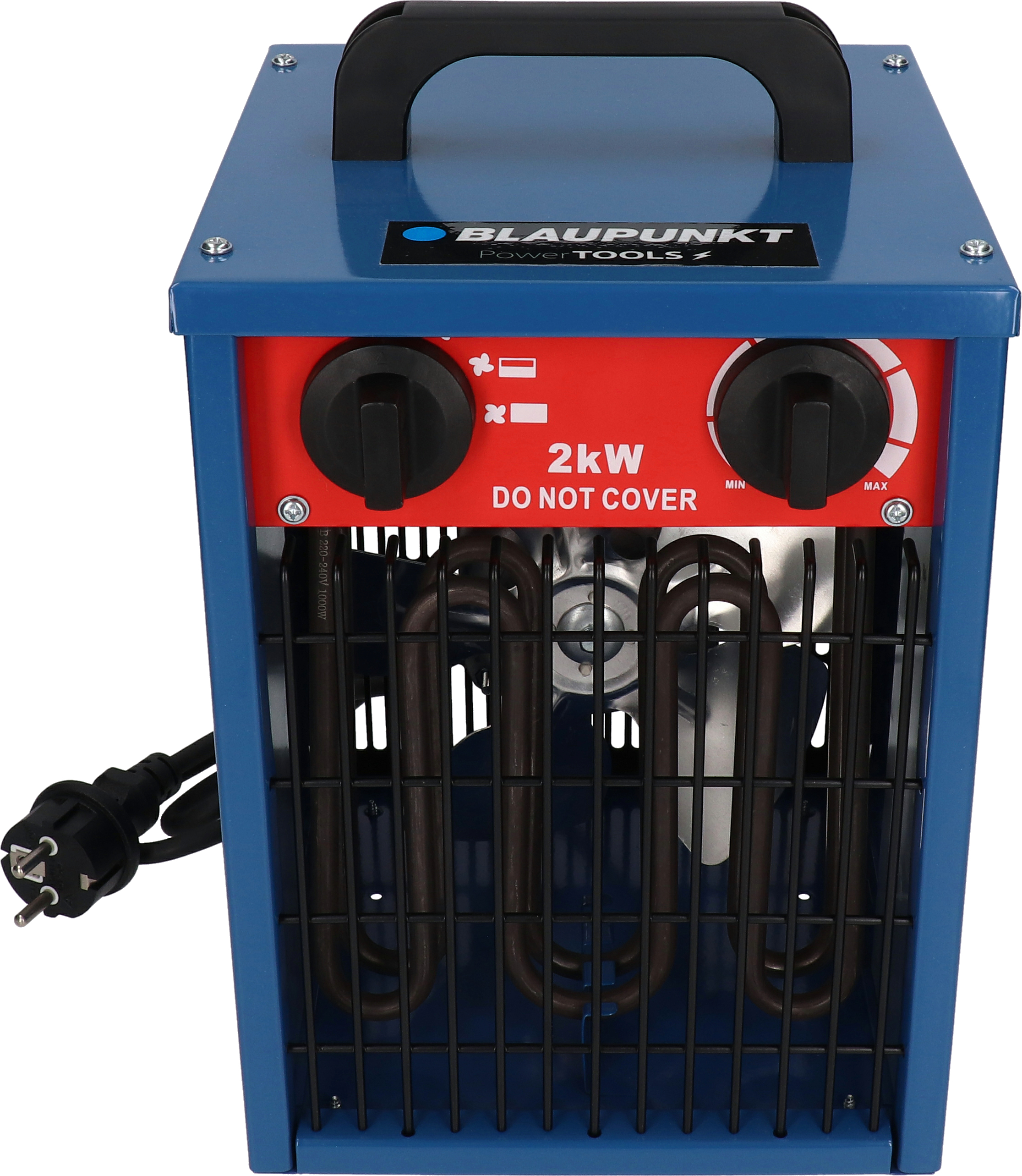 Blauer Elektroheizer, Draufsicht. Schwarzer Griff, Bedienelemente und Netzkabel. Rotes Feld sagt '2kW NICHT ABDECKEN'.