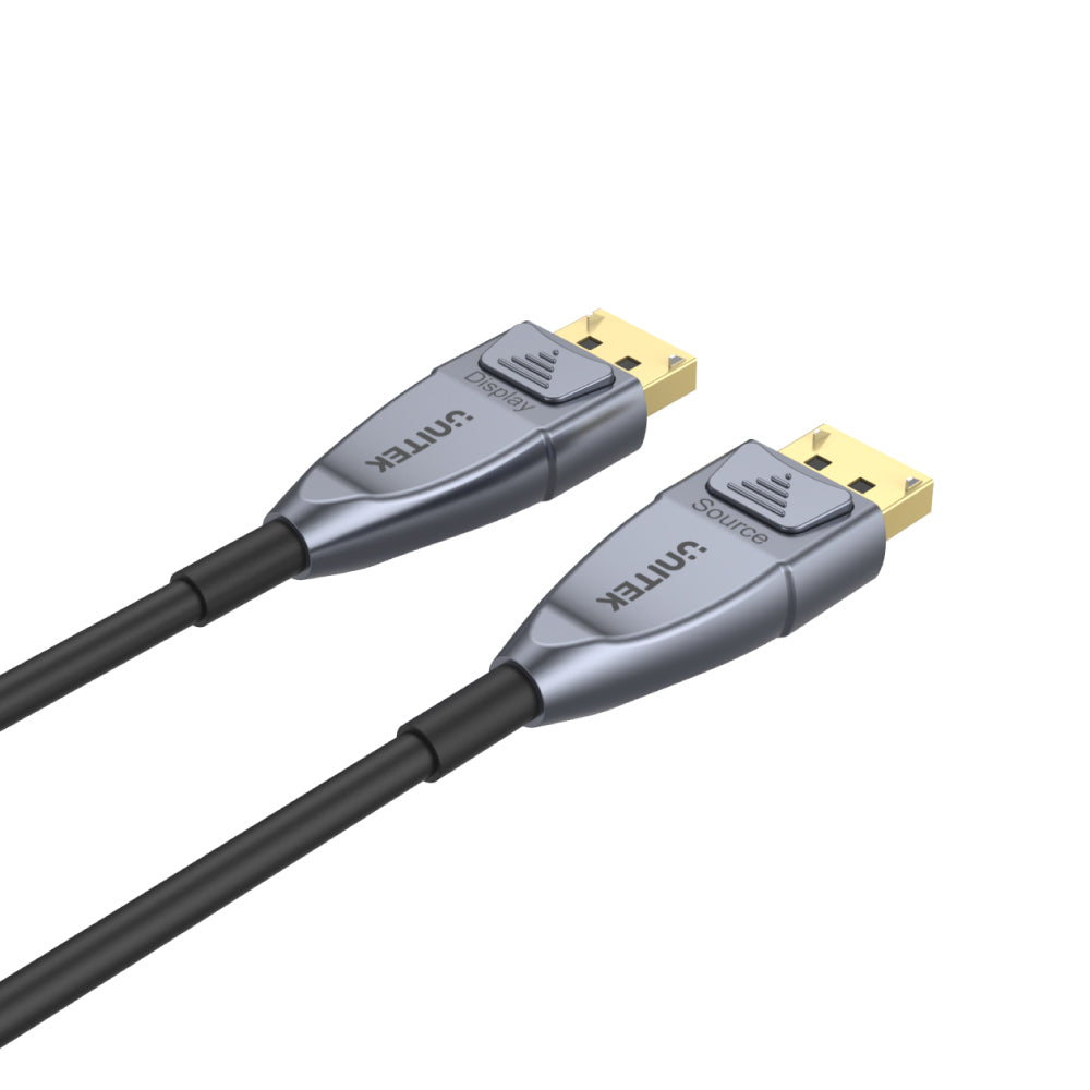 Deux câbles DisplayPort gris. L'un a le mot 'Display' et l'autre 'Source'.