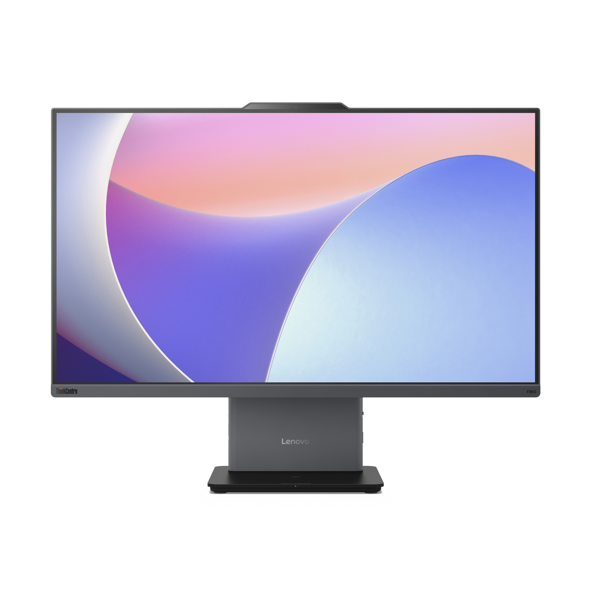 Monitor Lenovo z kolorowym ekranem. Ekran jest na podstawie. Monitor ma kamerę.