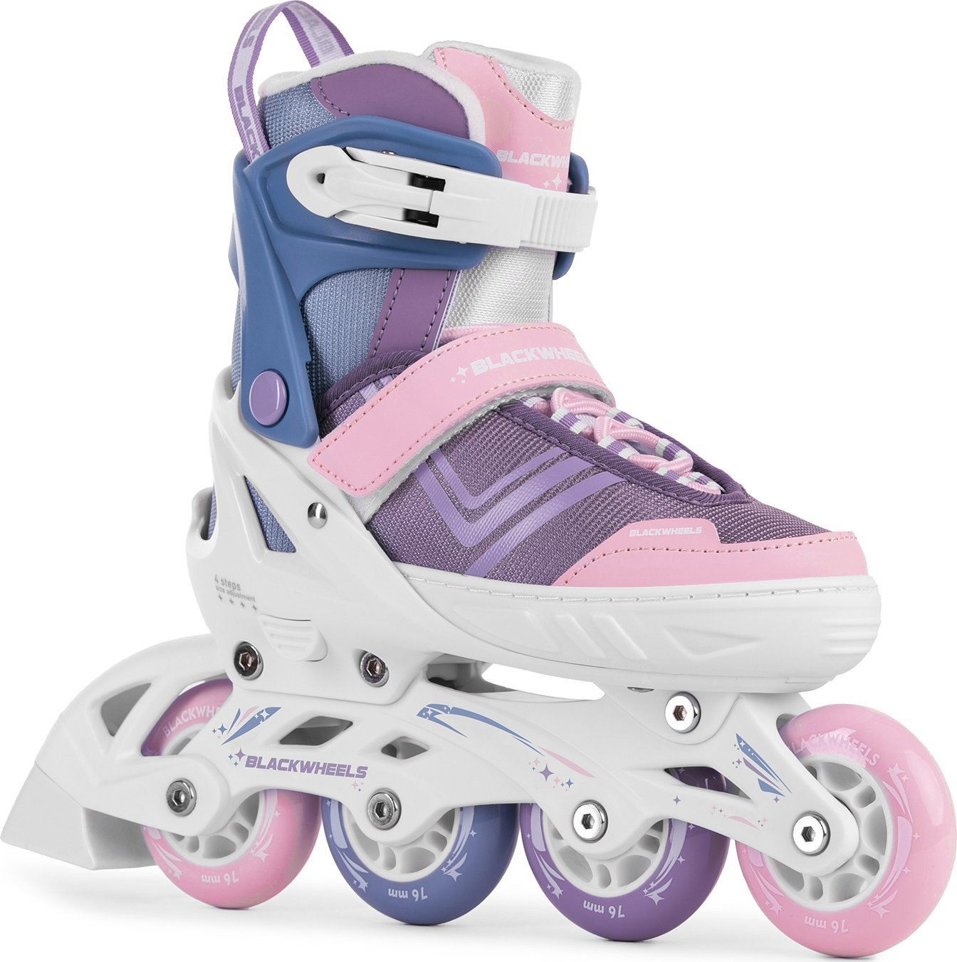 Pinke und lila Inline-Skates mit weißen Rahmen. Blaue und lila Akzente am Schuh. Rollen sind pink und lila.