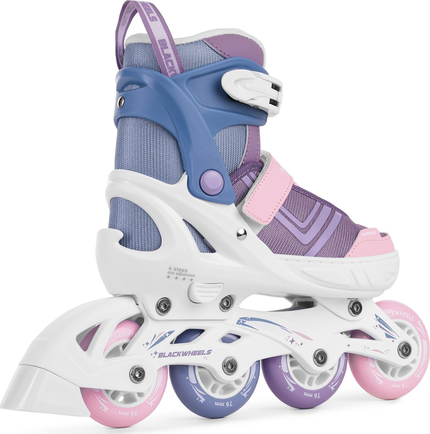 Inline-Skates, pink und lila, weiße Rahmen. Blaue und lila Akzente. Rollen sind pink und lila. Seitenansicht.