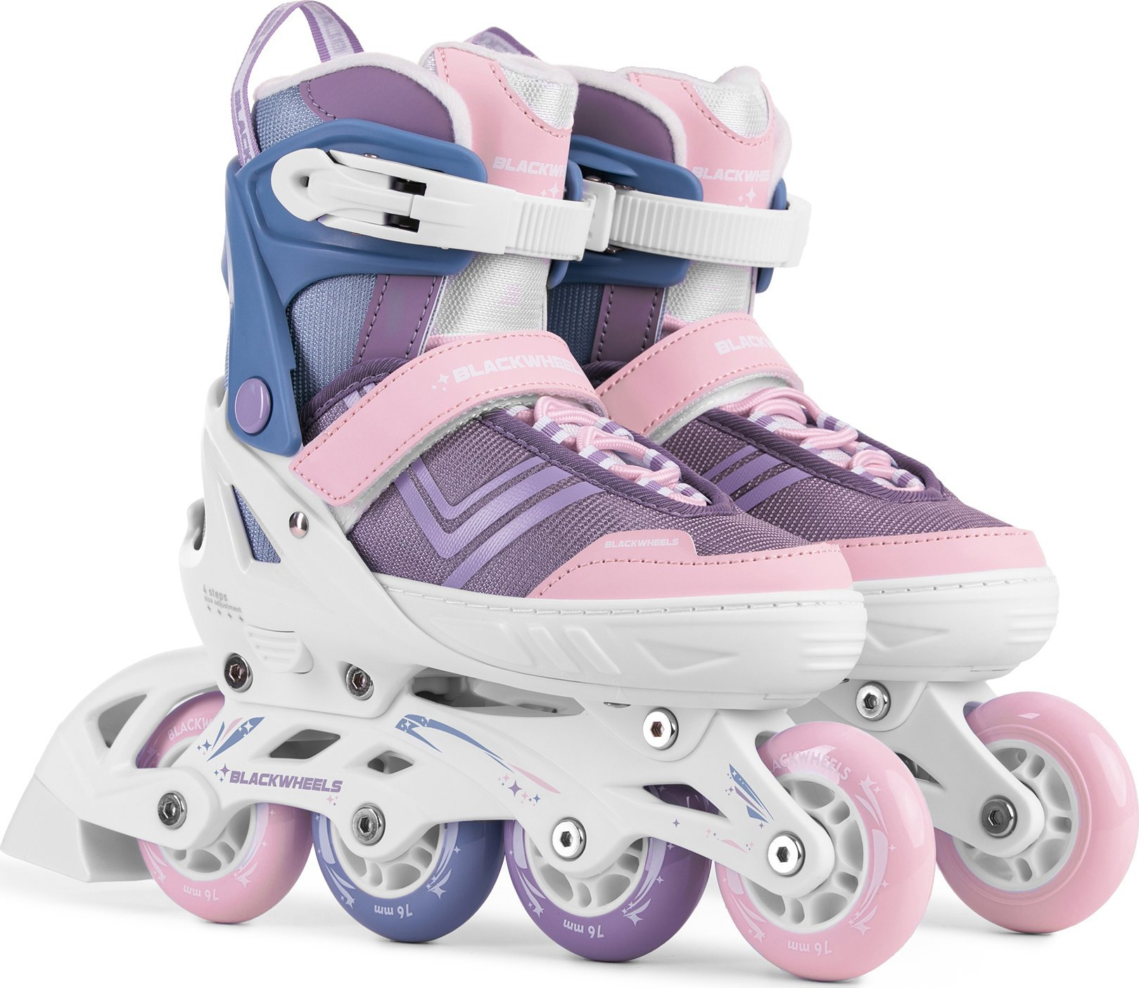 Paar rosa, lila und blaue Rollschuhe, auf weißem Hintergrund.