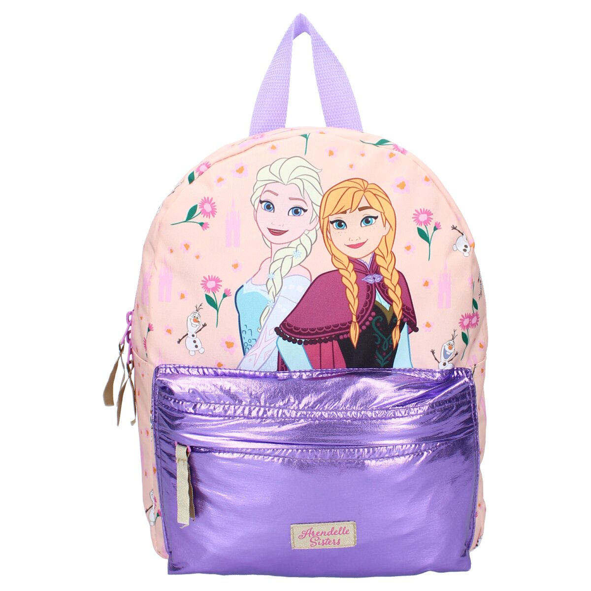 Rucksack, Frozen-Figuren. Rosa und lila Farben. Blumenmuster mit Anna und Elsa.